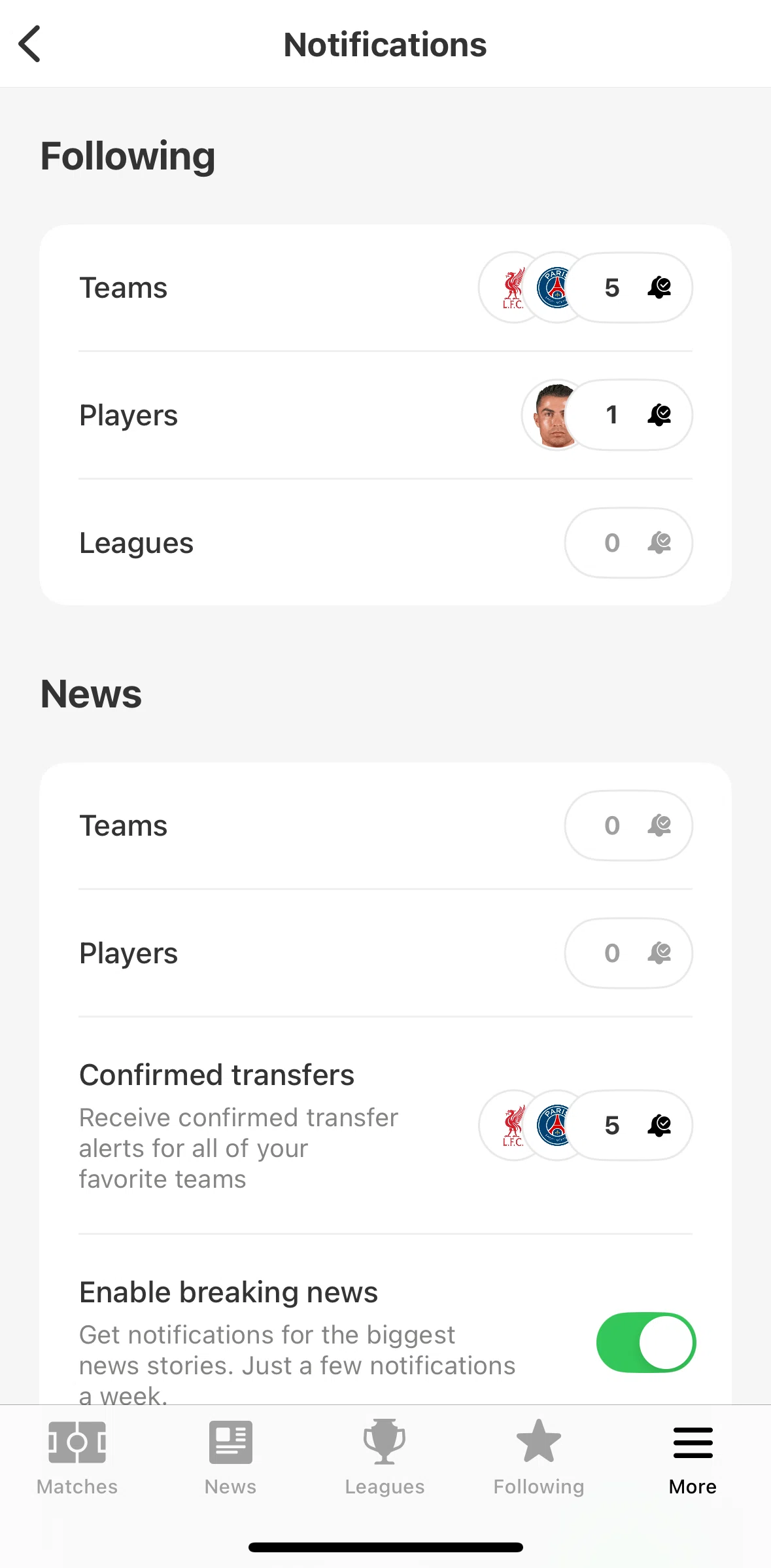 FotMob Screen screen in the Setting up players notification flow