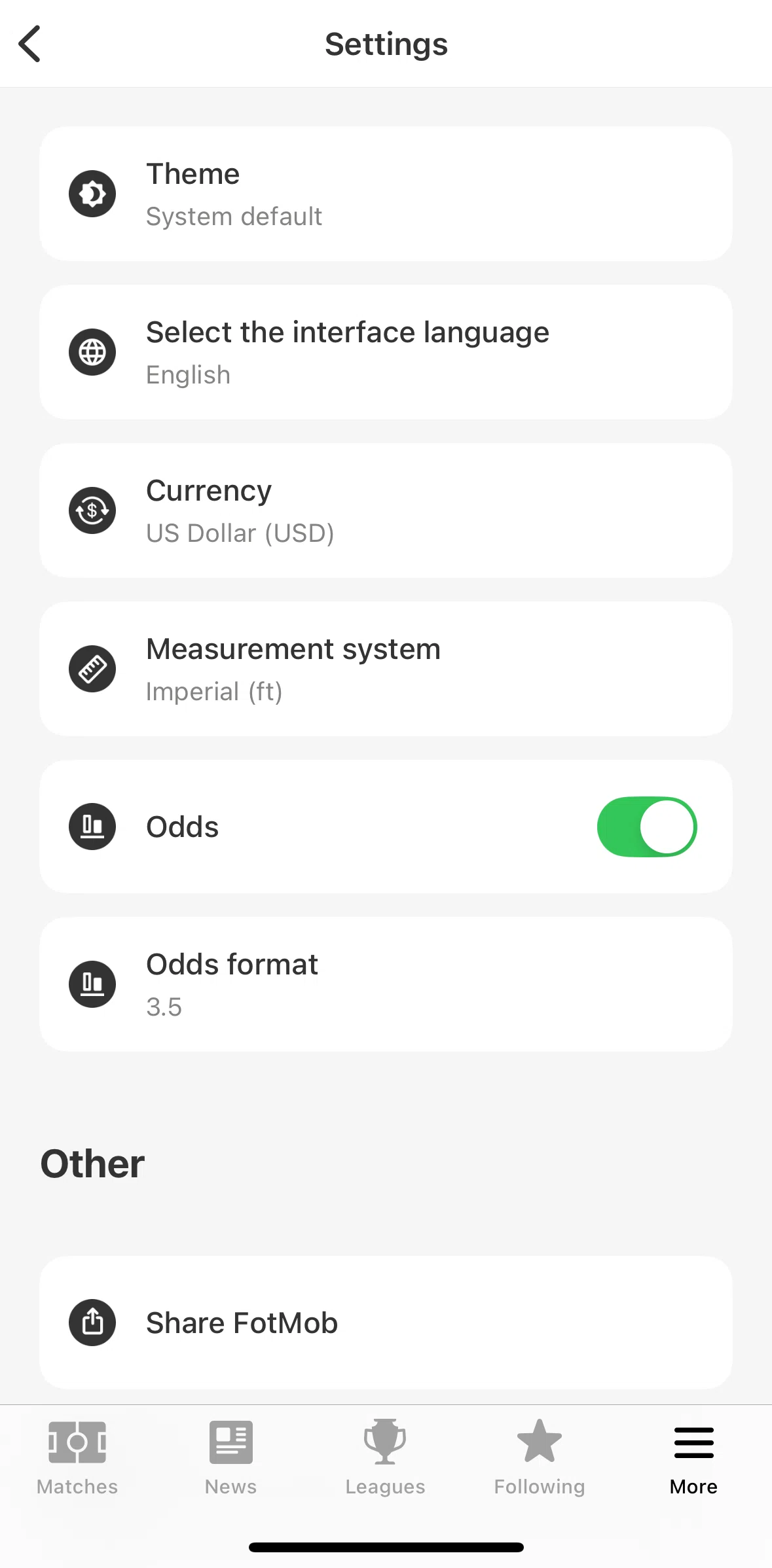 FotMob Screen screen in the Switching to dark mode flow