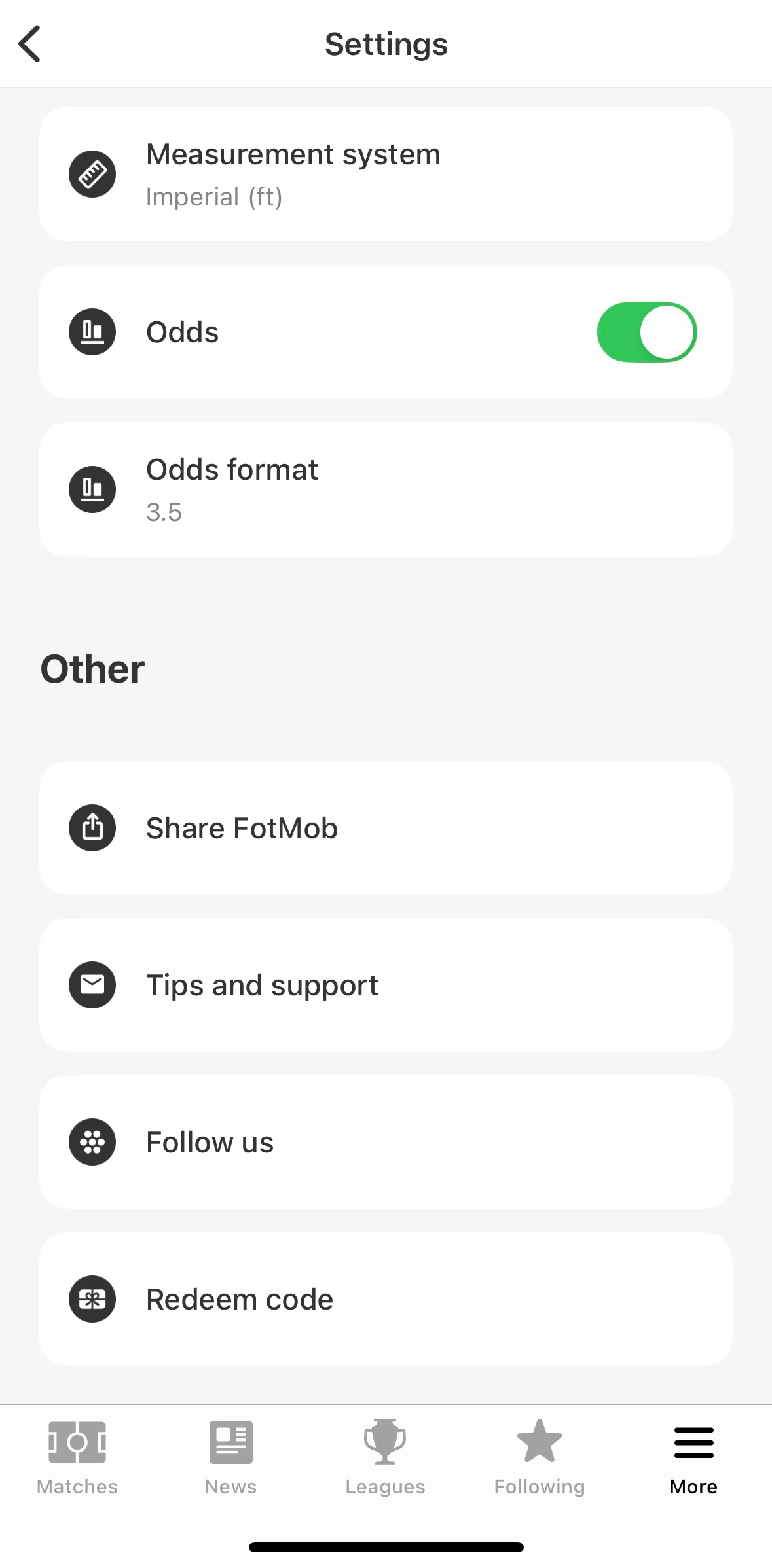 FotMob Screen screen in the Tips and support flow