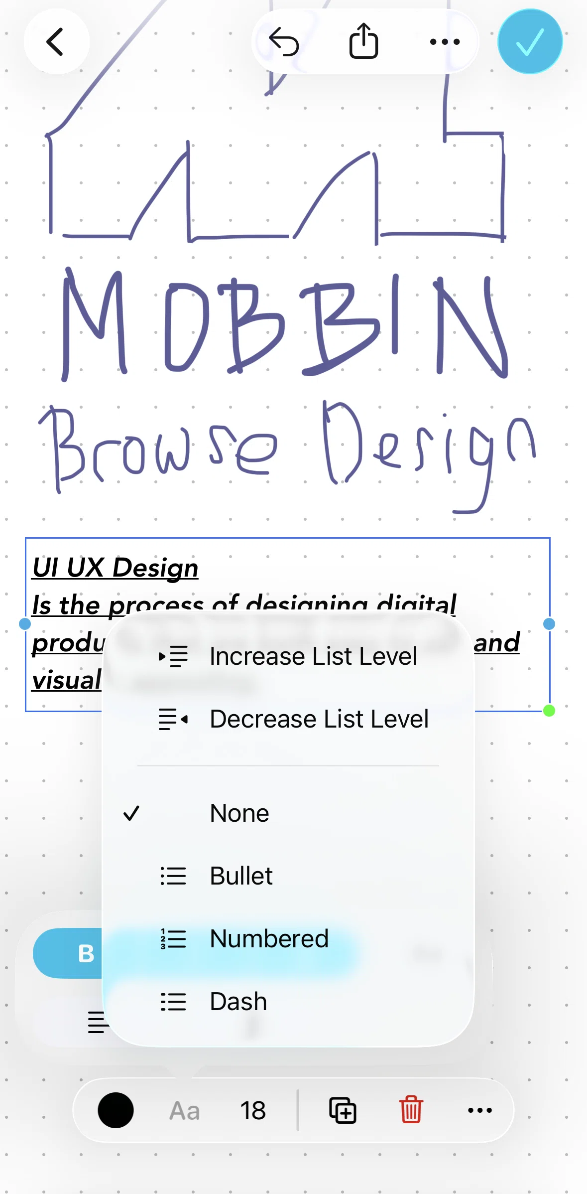 Freeform Screen screen in the Adding bullet points flow