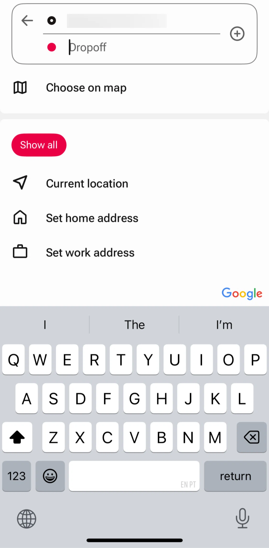 Freenow Screen screen in the Adding a saved address flow
