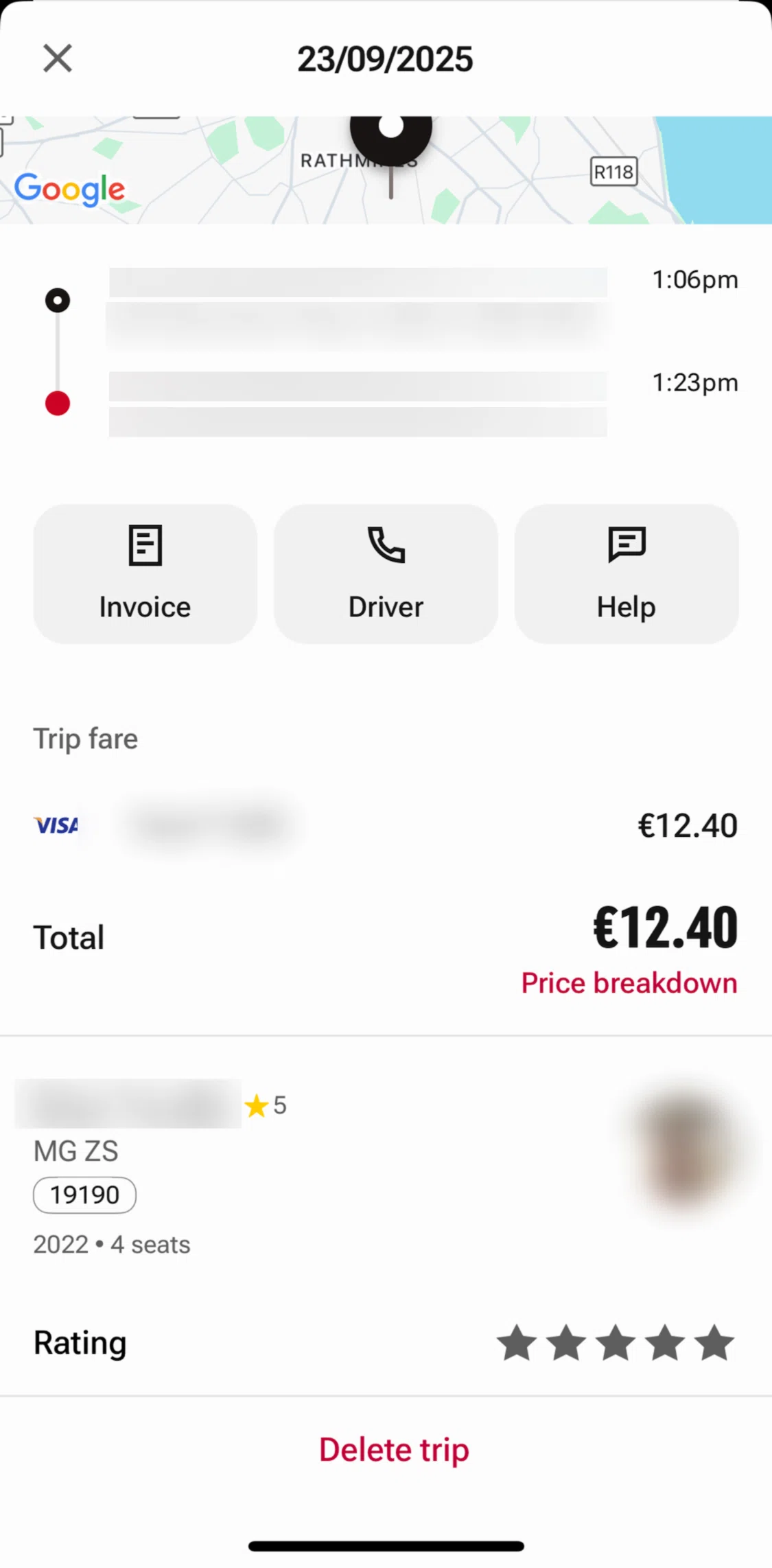 Freenow Screen screen in the Deleting a trip flow