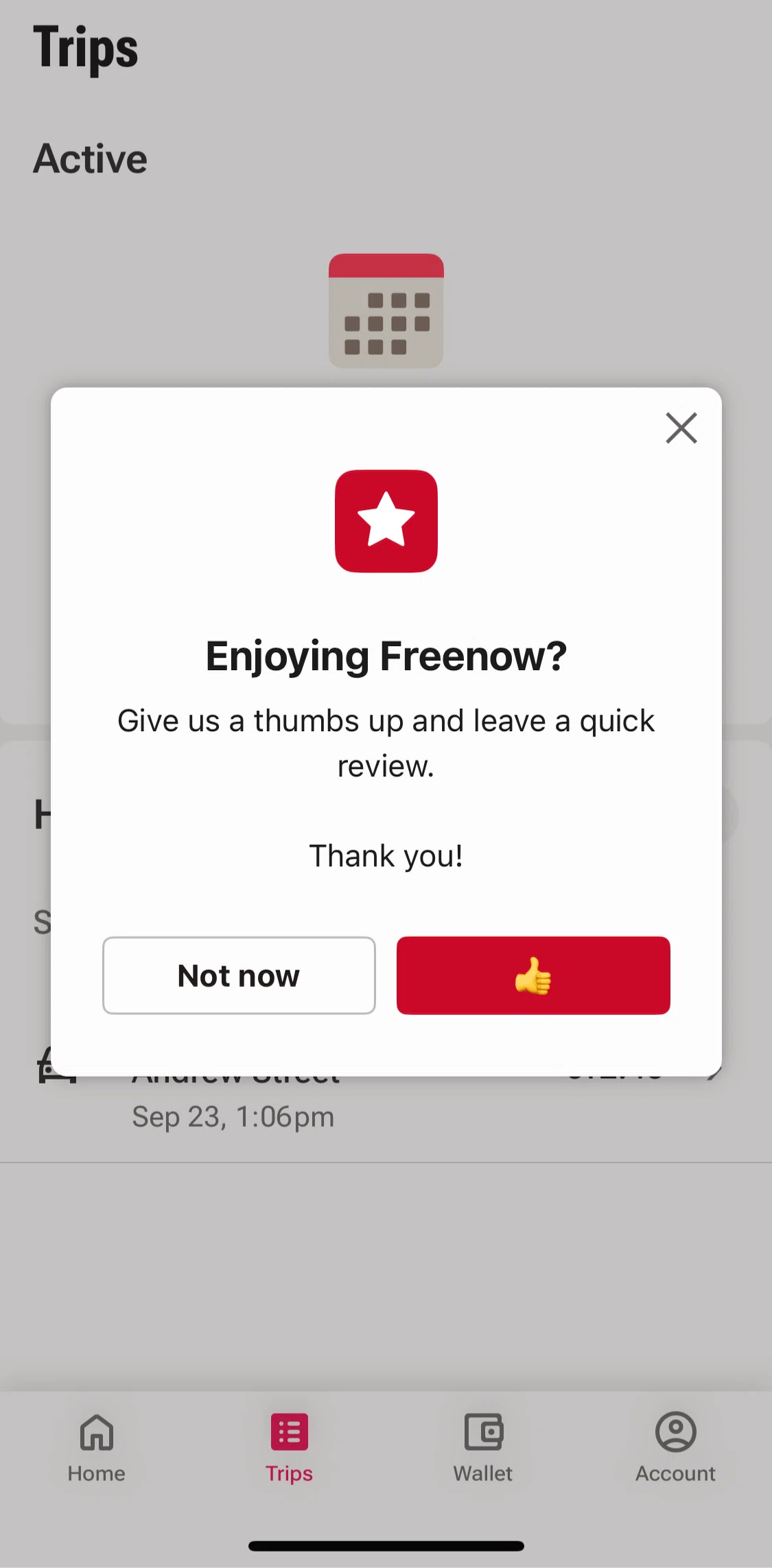 Freenow Screen screen in the Giving a feedback flow