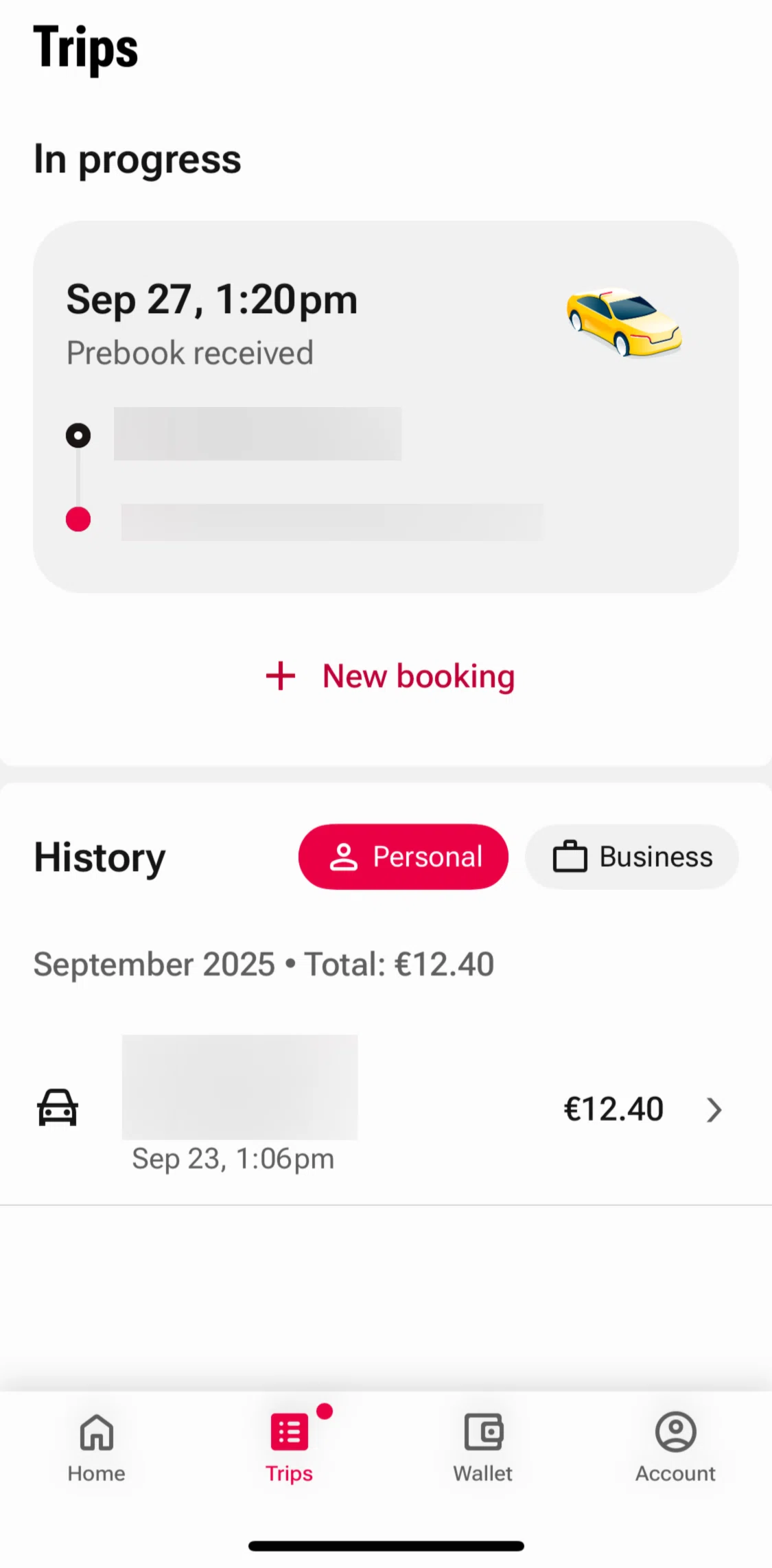 Freenow Screen screen in the Past trips detail flow