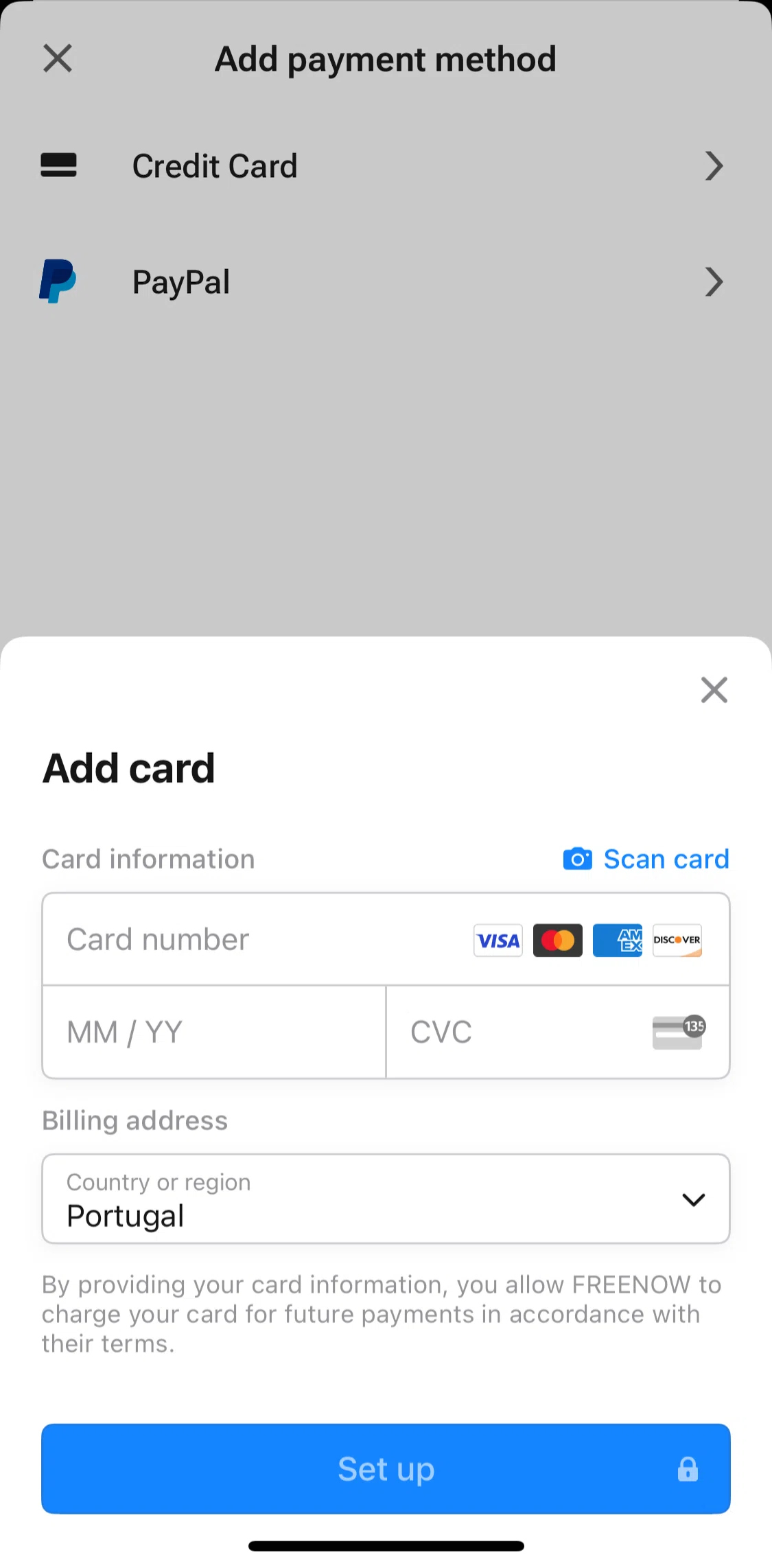Freenow Screen screen in the Scan a card flow