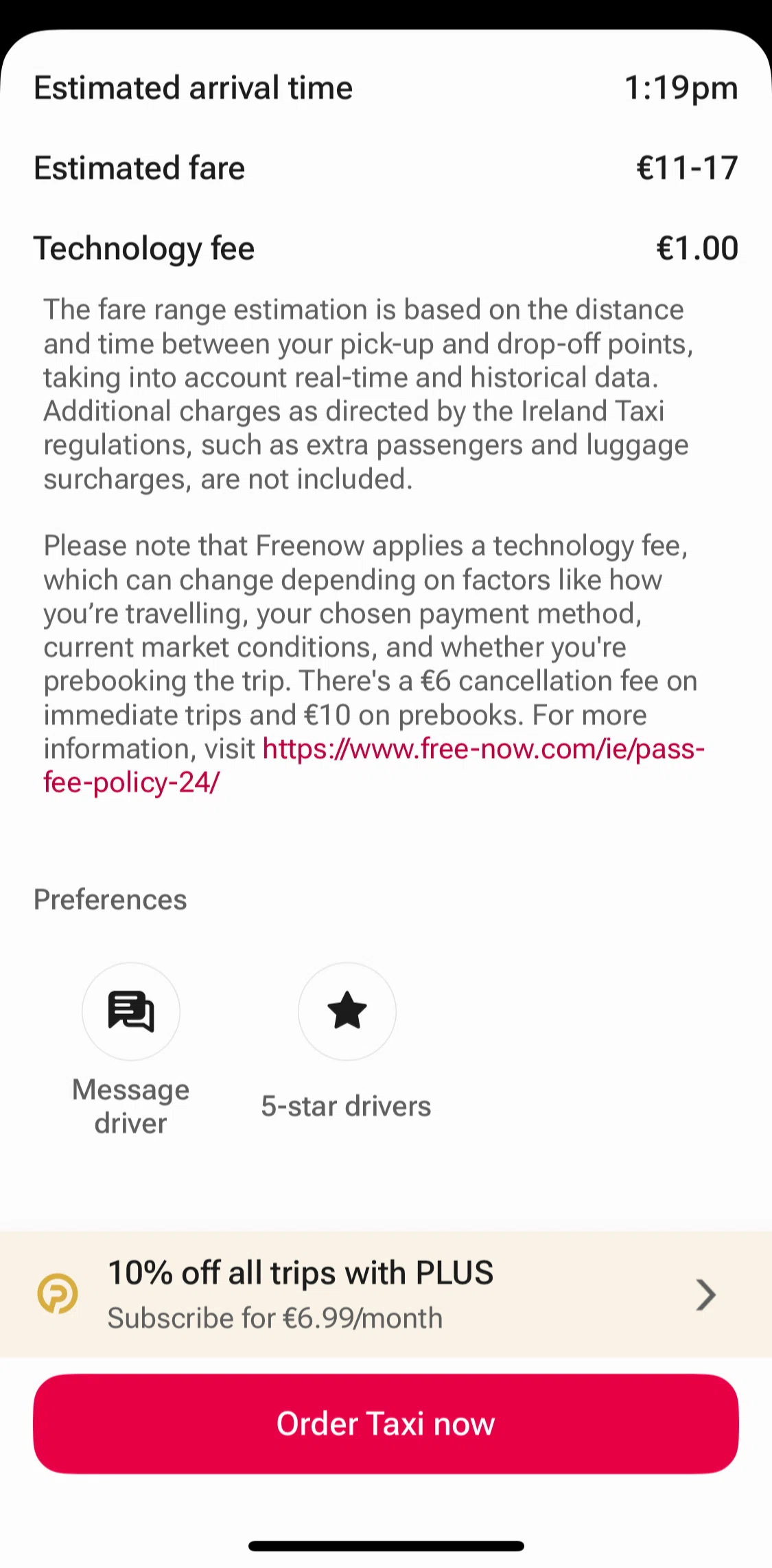 Freenow Screen screen in the Setting up ride preferences flow
