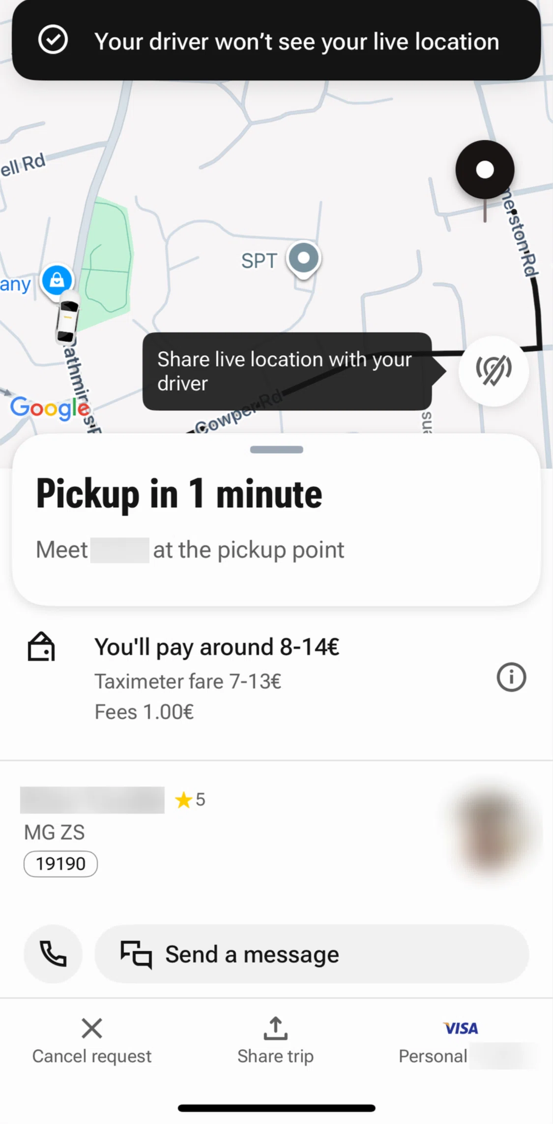 Freenow Screen screen in the Turning on live location sharing flow