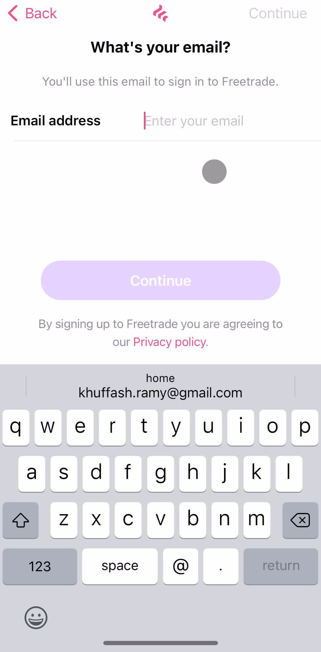Freetrade Enter email screen in the Onboarding flow