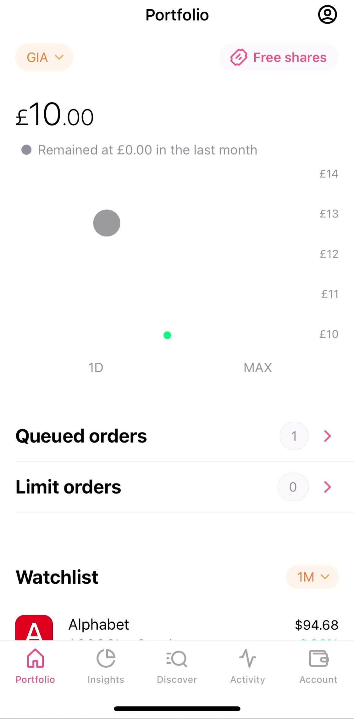 Freetrade Home screen in the Upgrading Your Account flow