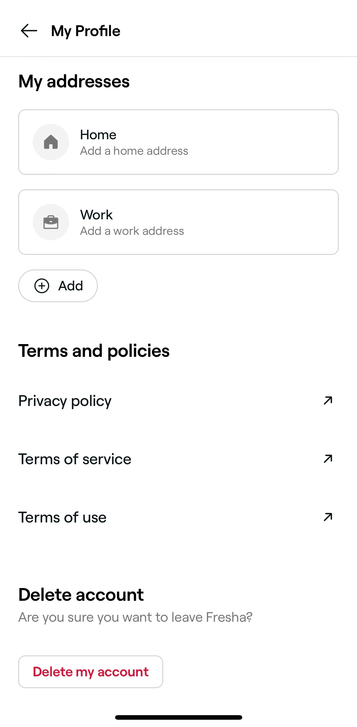 Fresha Screen screen in the Deleting an account flow