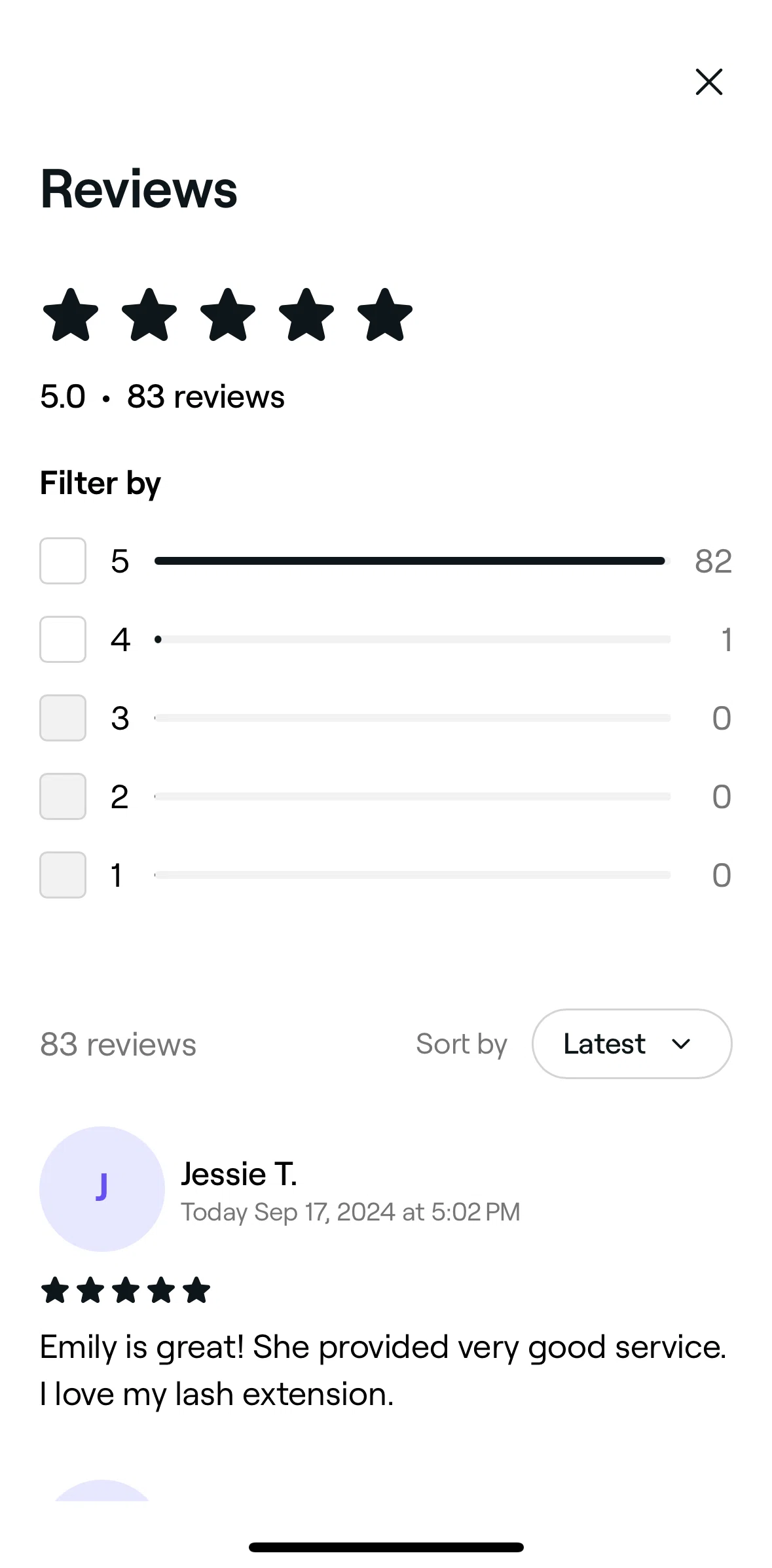Fresha Screen screen in the Filtering reviews by the best flow
