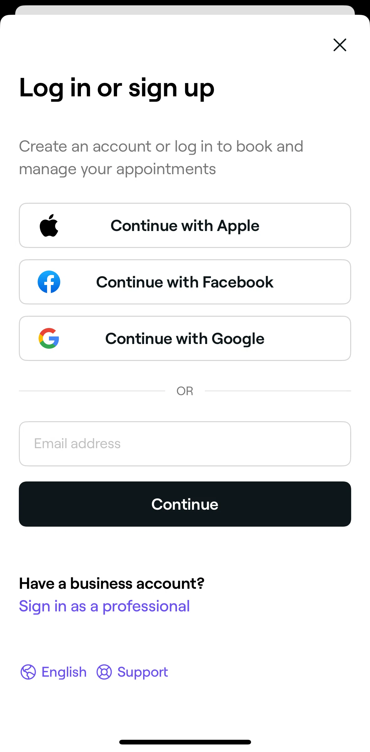 Fresha Screen screen in the Logging in flow