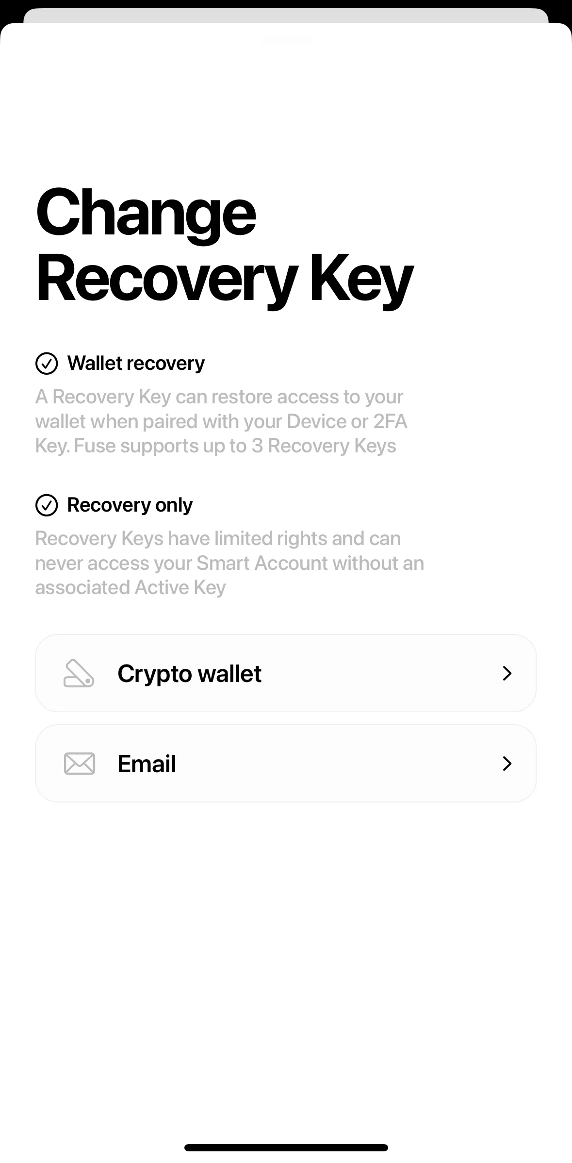 Fuse Screen screen in the Changing a recovery key (email) flow