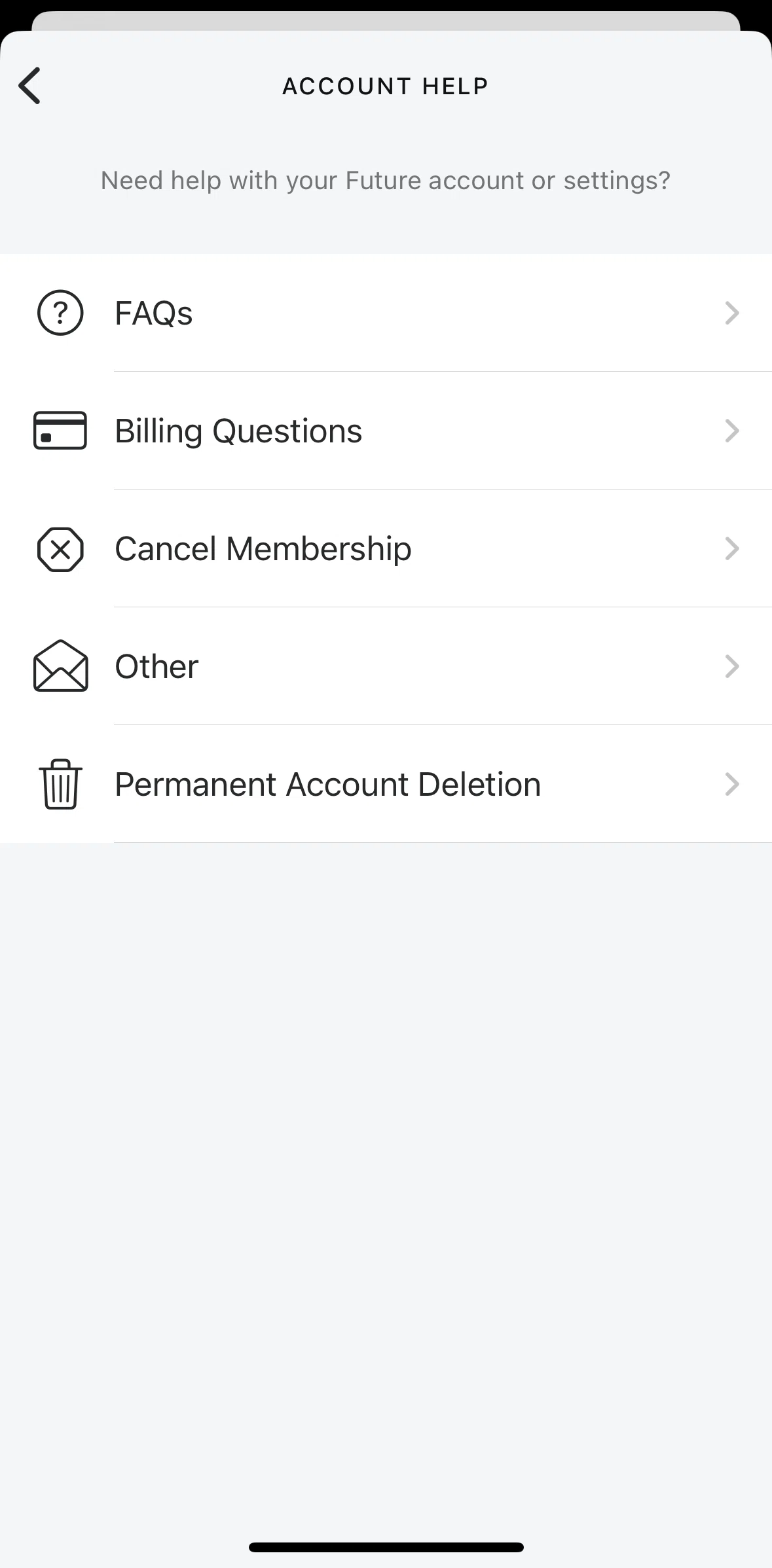 Future Pro Screen screen in the Deleting an account flow
