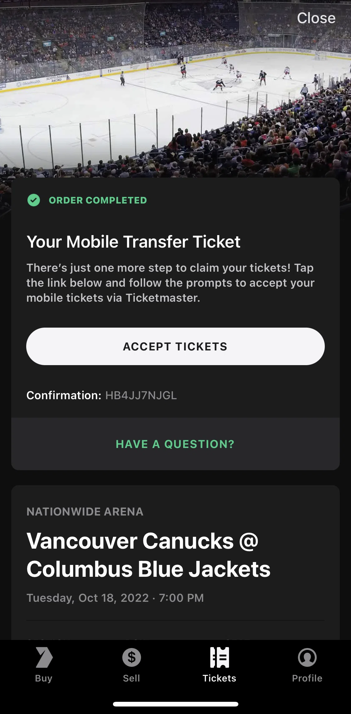 Gametime Screen screen in the Accepting & adding ticket to Apple Pay flow