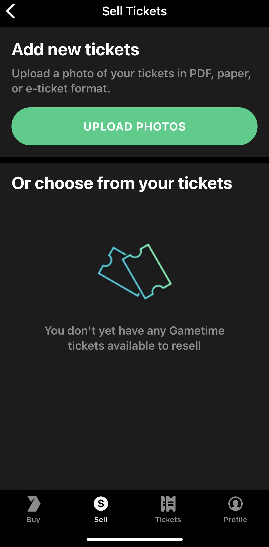 Gametime Screen screen in the Adding a ticket to sell flow
