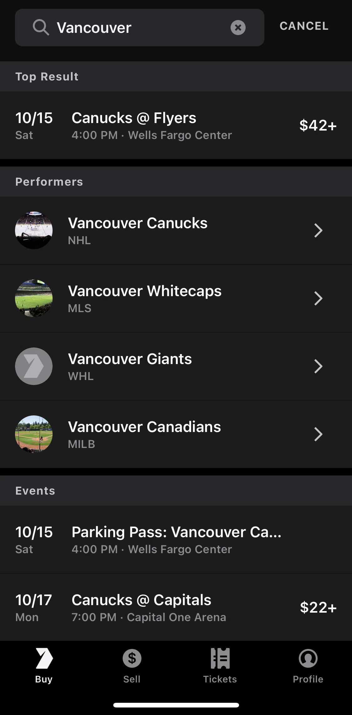 Gametime Screen screen in the Canucks games detail flow