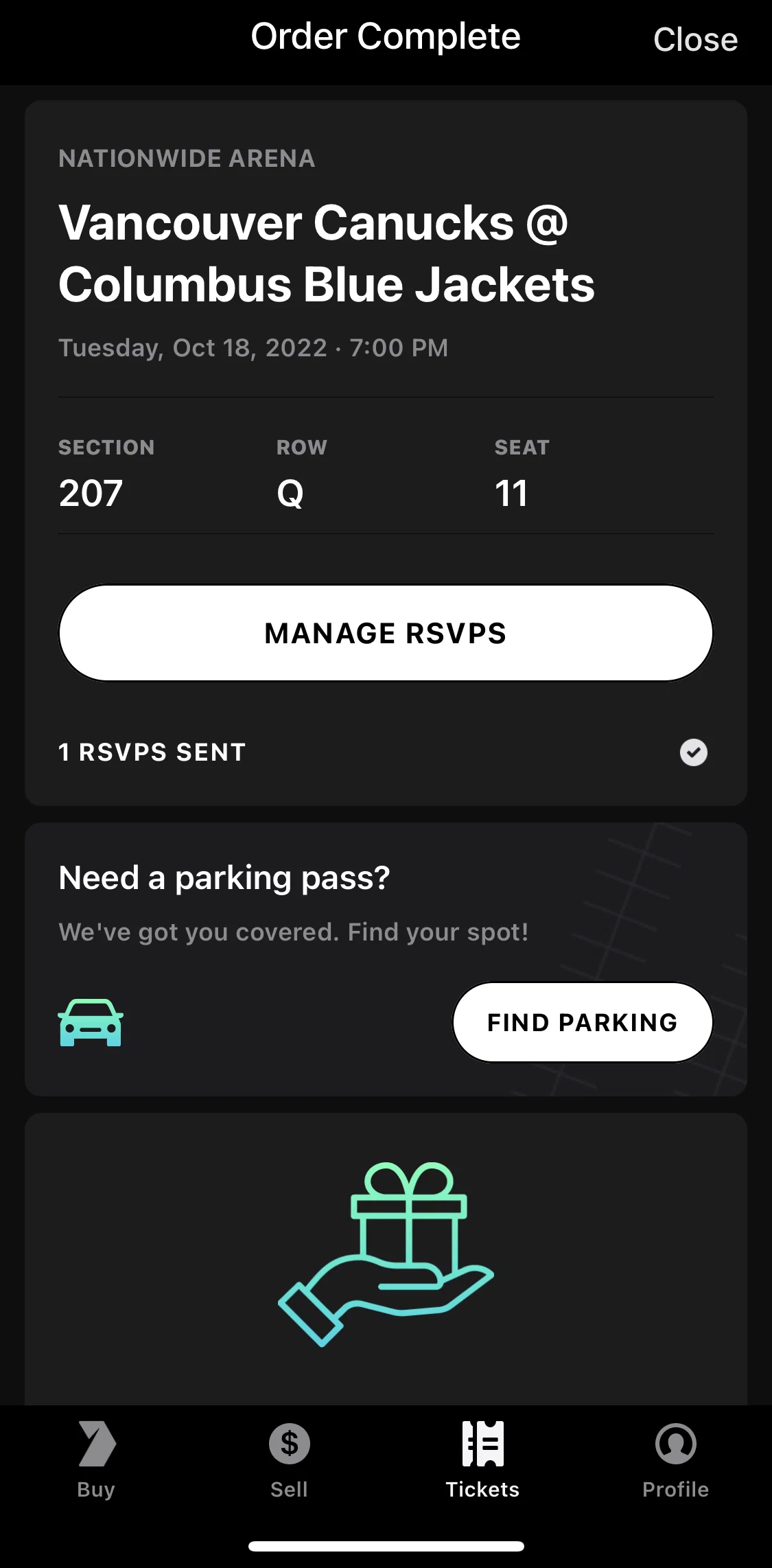 Gametime Screen screen in the Finding a parking pass flow