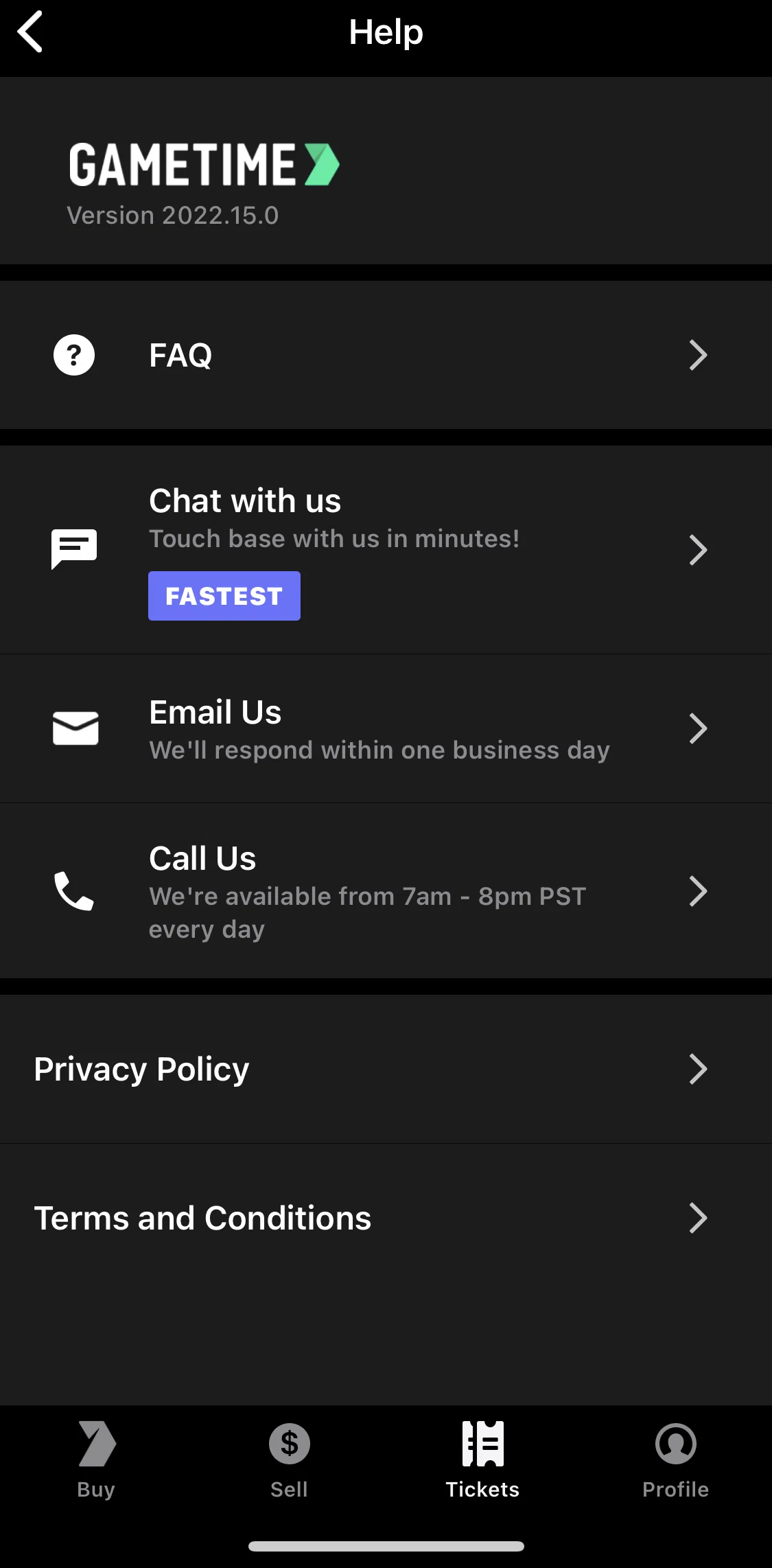 Gametime Screen screen in the Privacy policy flow