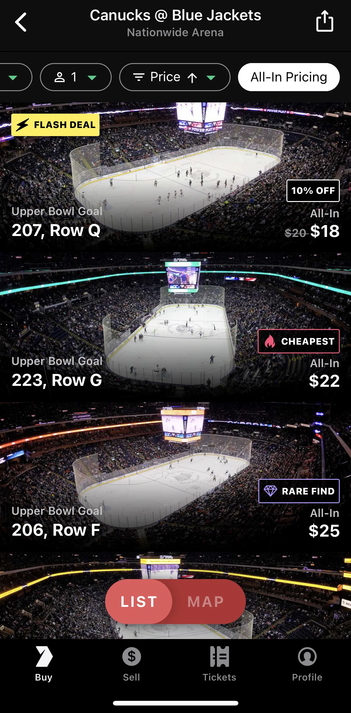 Gametime Screen screen in the Purchasing a ticket flow