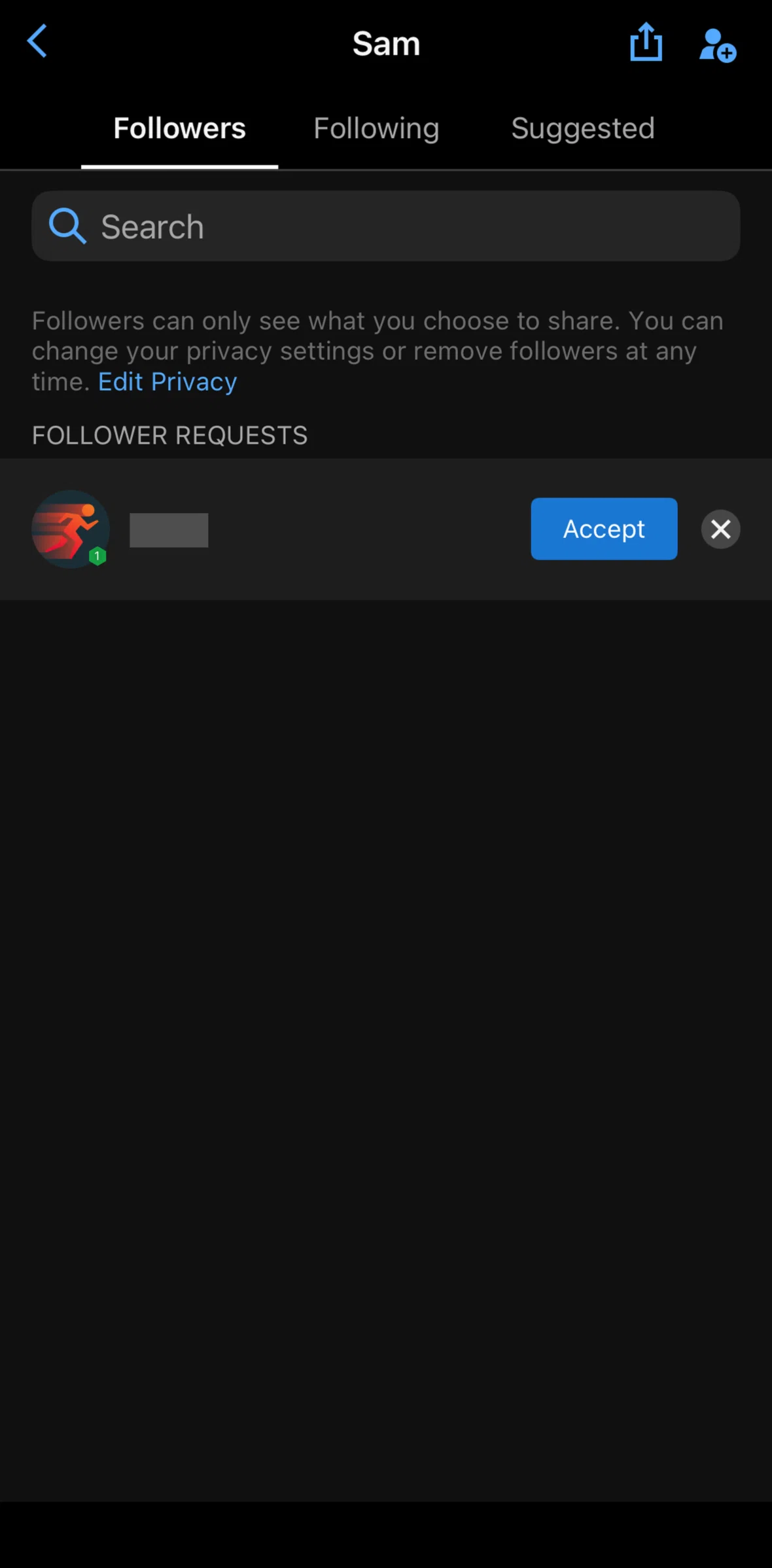 Garmin Connect Screen screen in the Accepting a follow request flow