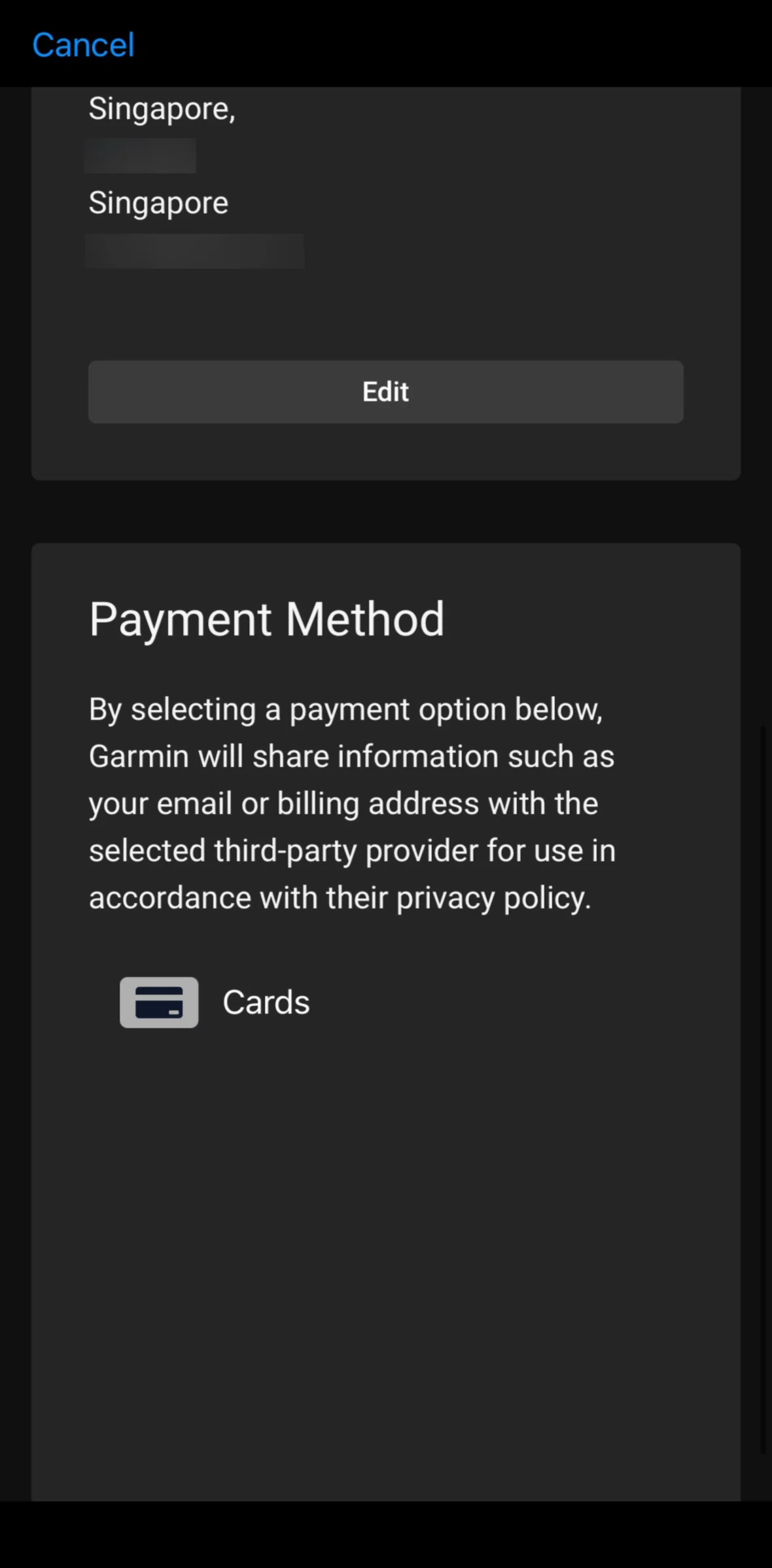 Garmin Connect Screen screen in the Adding a card flow