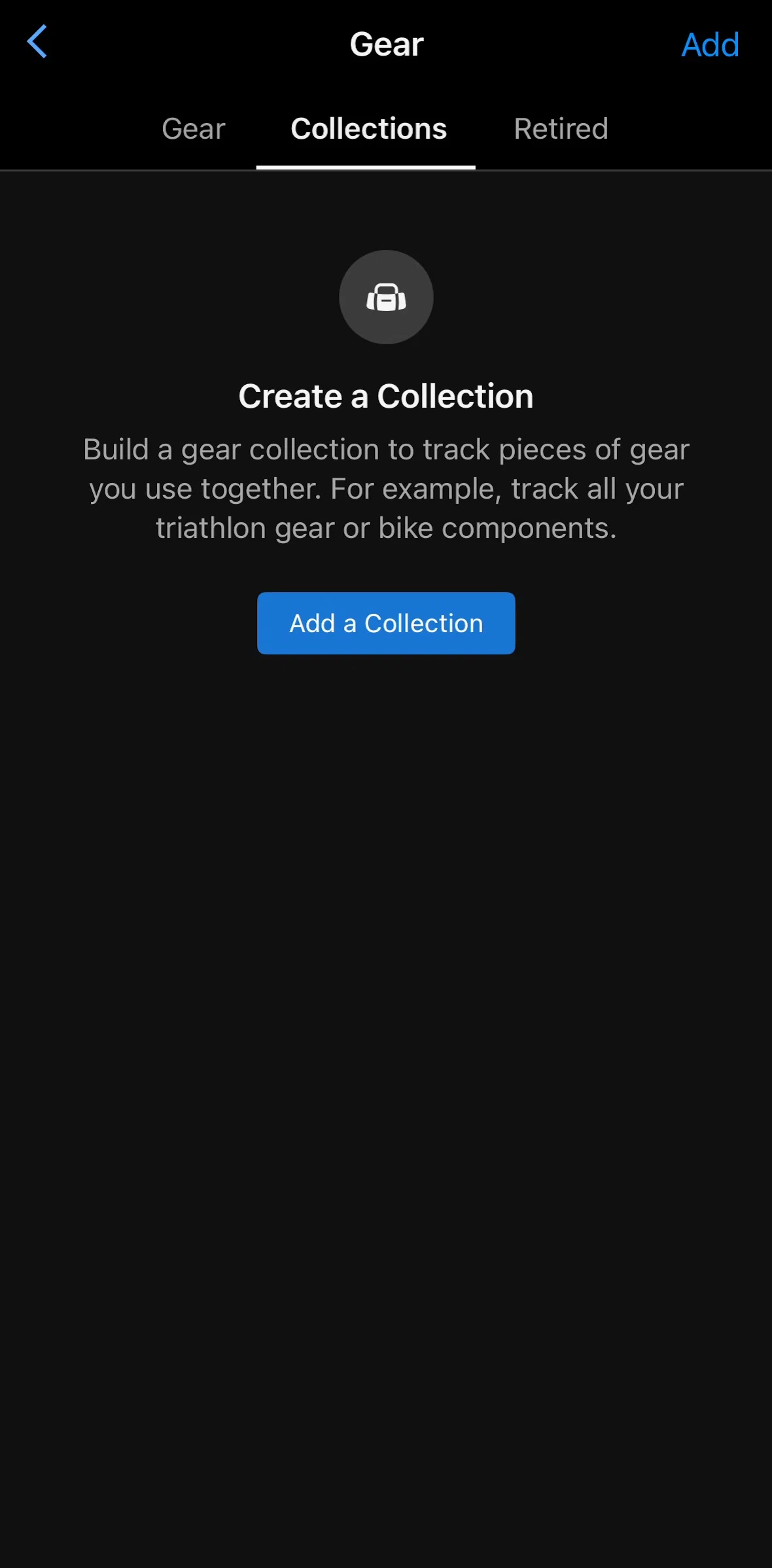 Garmin Connect Screen screen in the Adding a gear collection flow