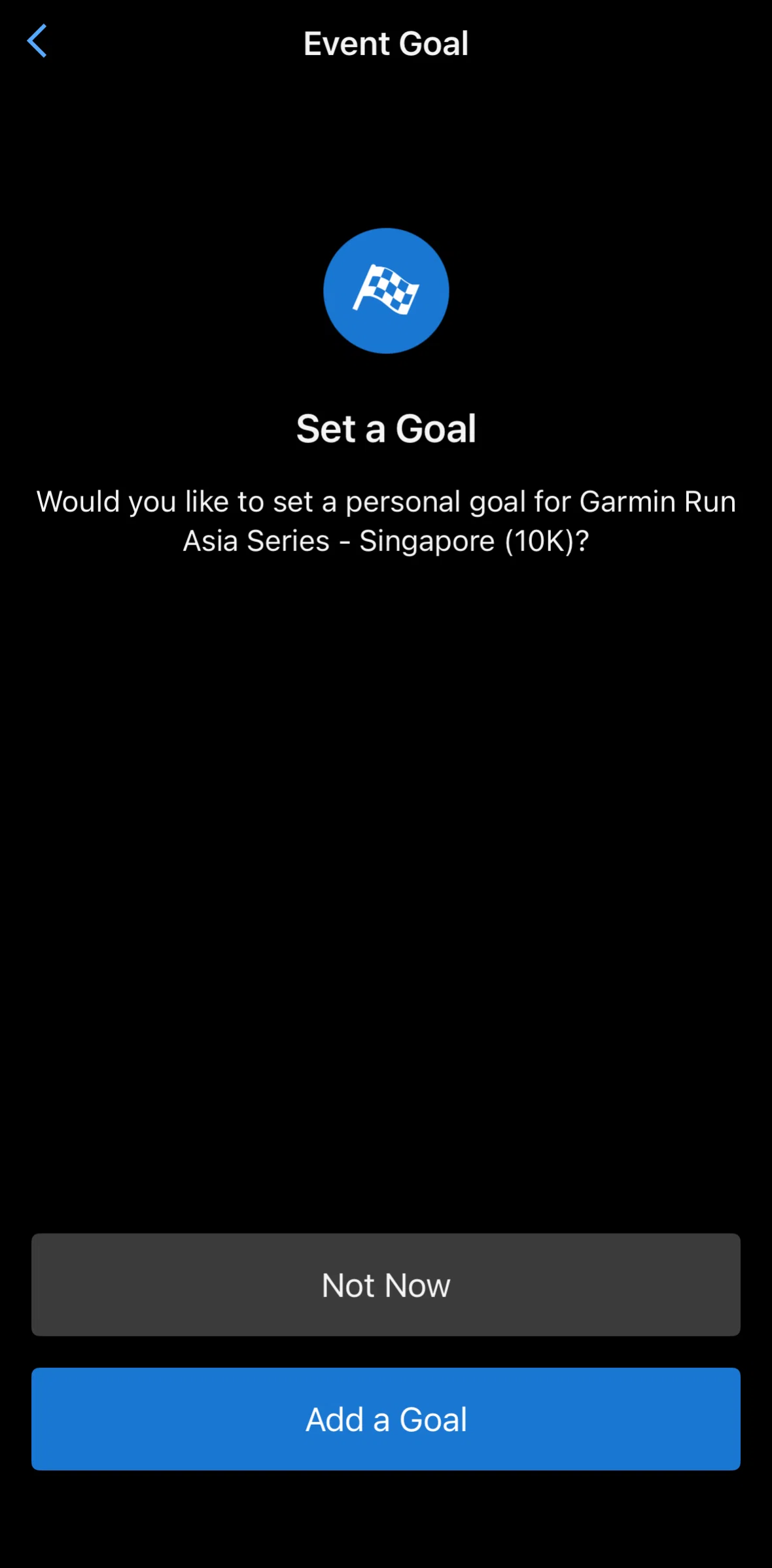 Garmin Connect Screen screen in the Adding an event goal flow