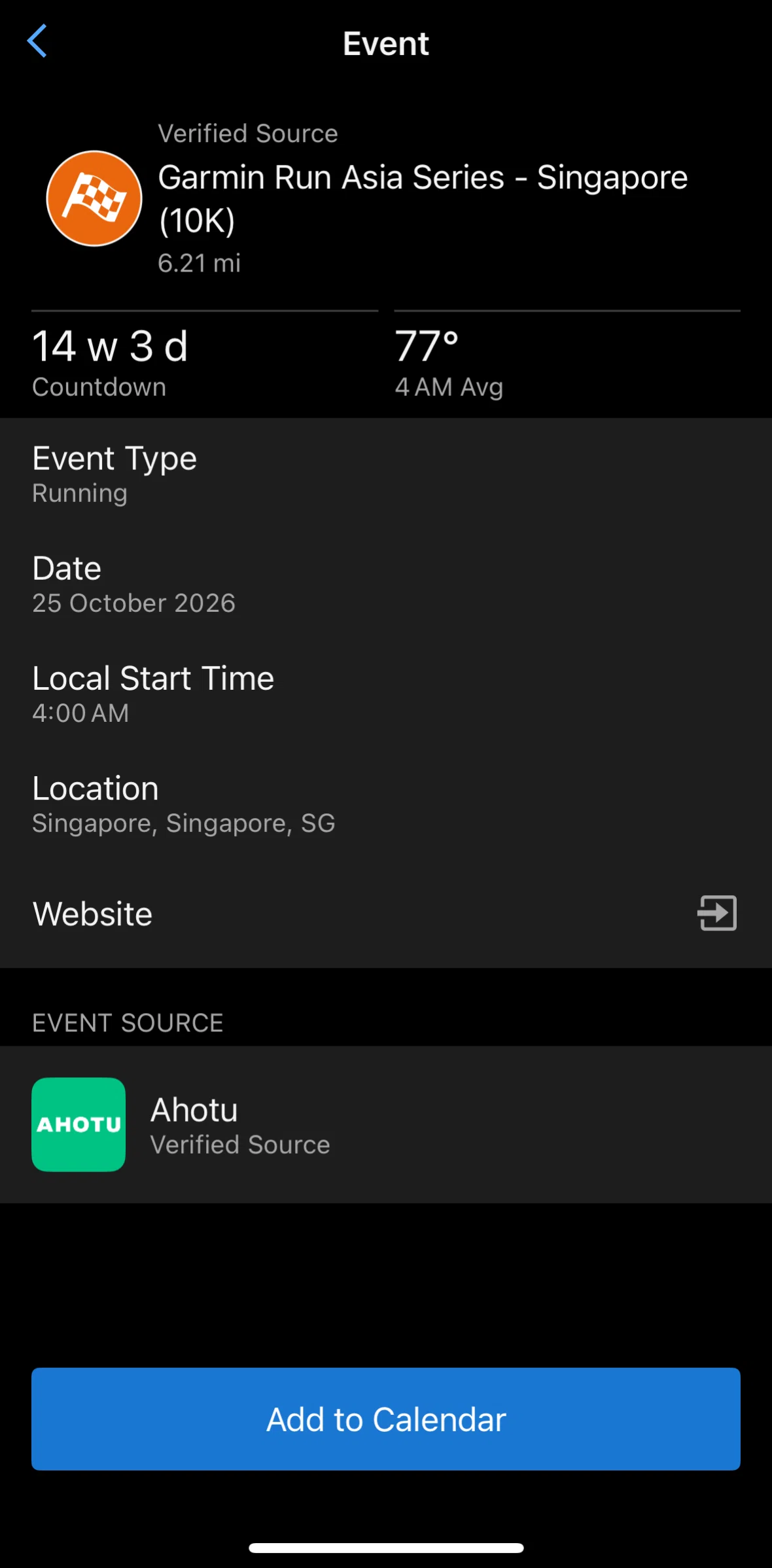 Garmin Connect Screen screen in the Adding an event to calendar flow
