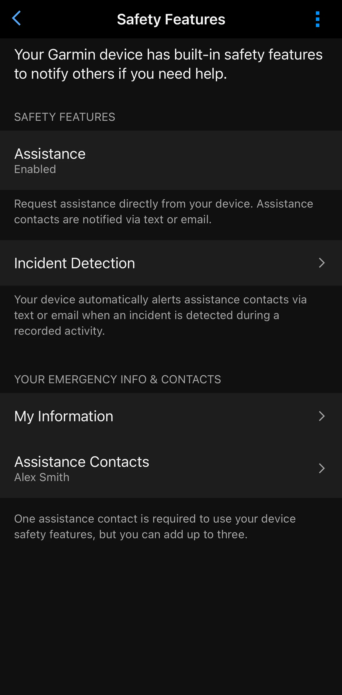 Garmin Connect Screen screen in the Assistance contacts flow
