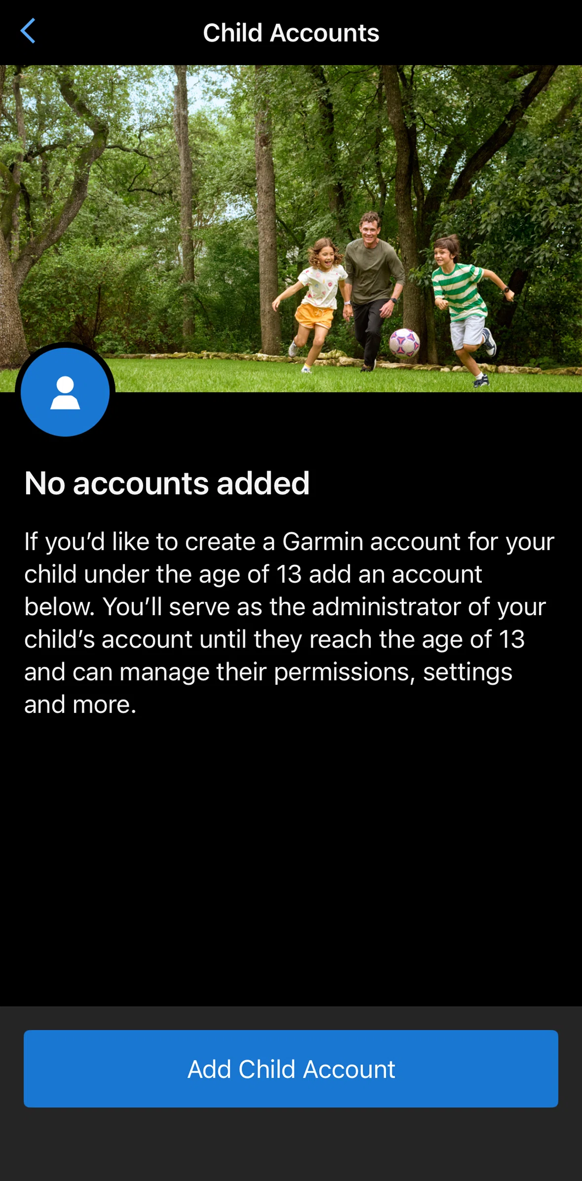 Garmin Connect Screen screen in the Creating a child account flow