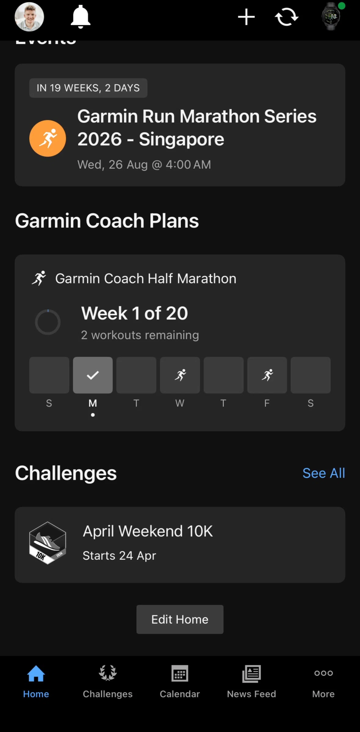 Garmin Connect Screen screen in the Editing home settings flow