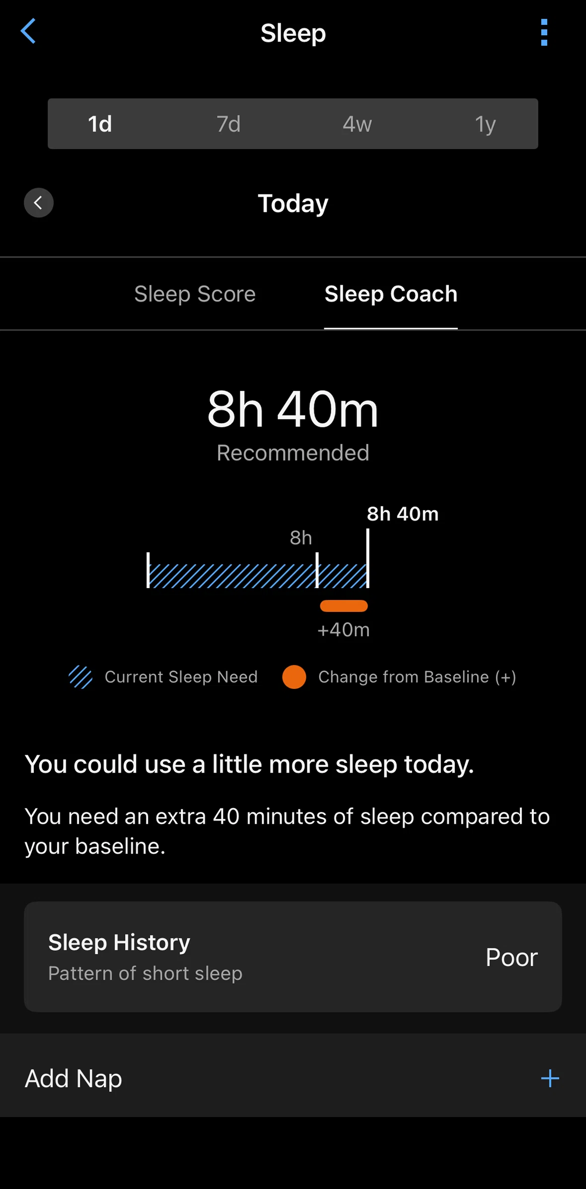 Garmin Connect Screen screen in the Editing sleep times flow