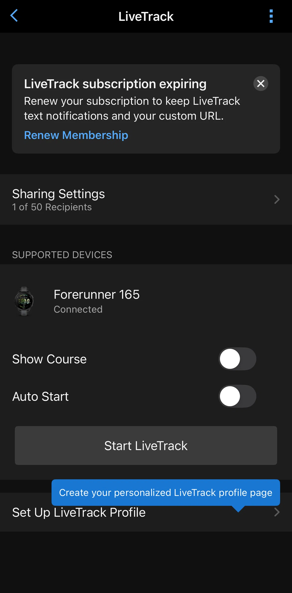 Garmin Connect Screen screen in the Enabling auto start flow