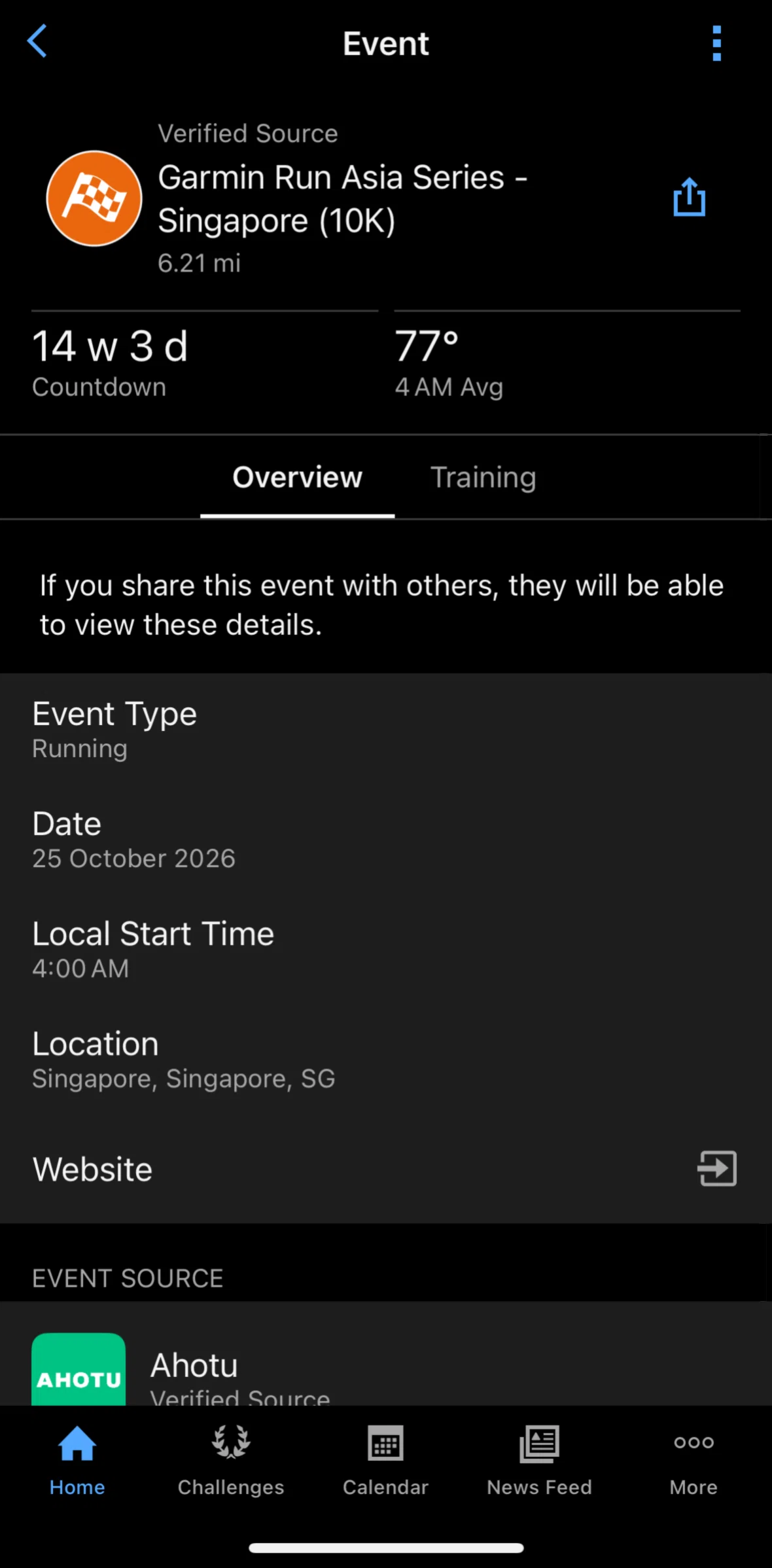 Garmin Connect Screen screen in the Event detail flow
