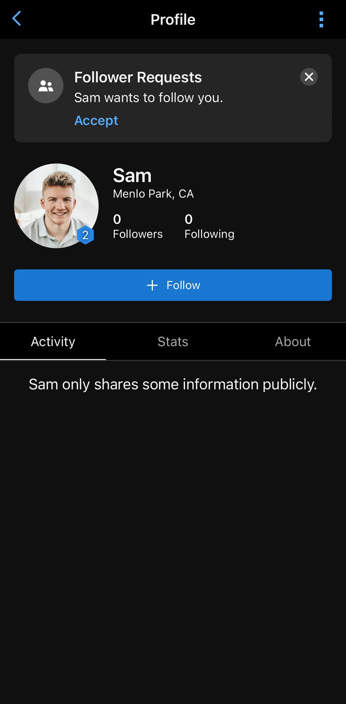 Garmin Connect Screen screen in the Following a user (profile) flow