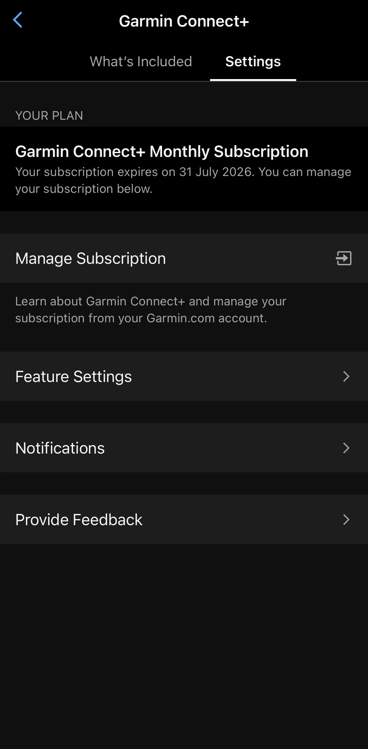 Garmin Connect Screen screen in the Giving feedback flow
