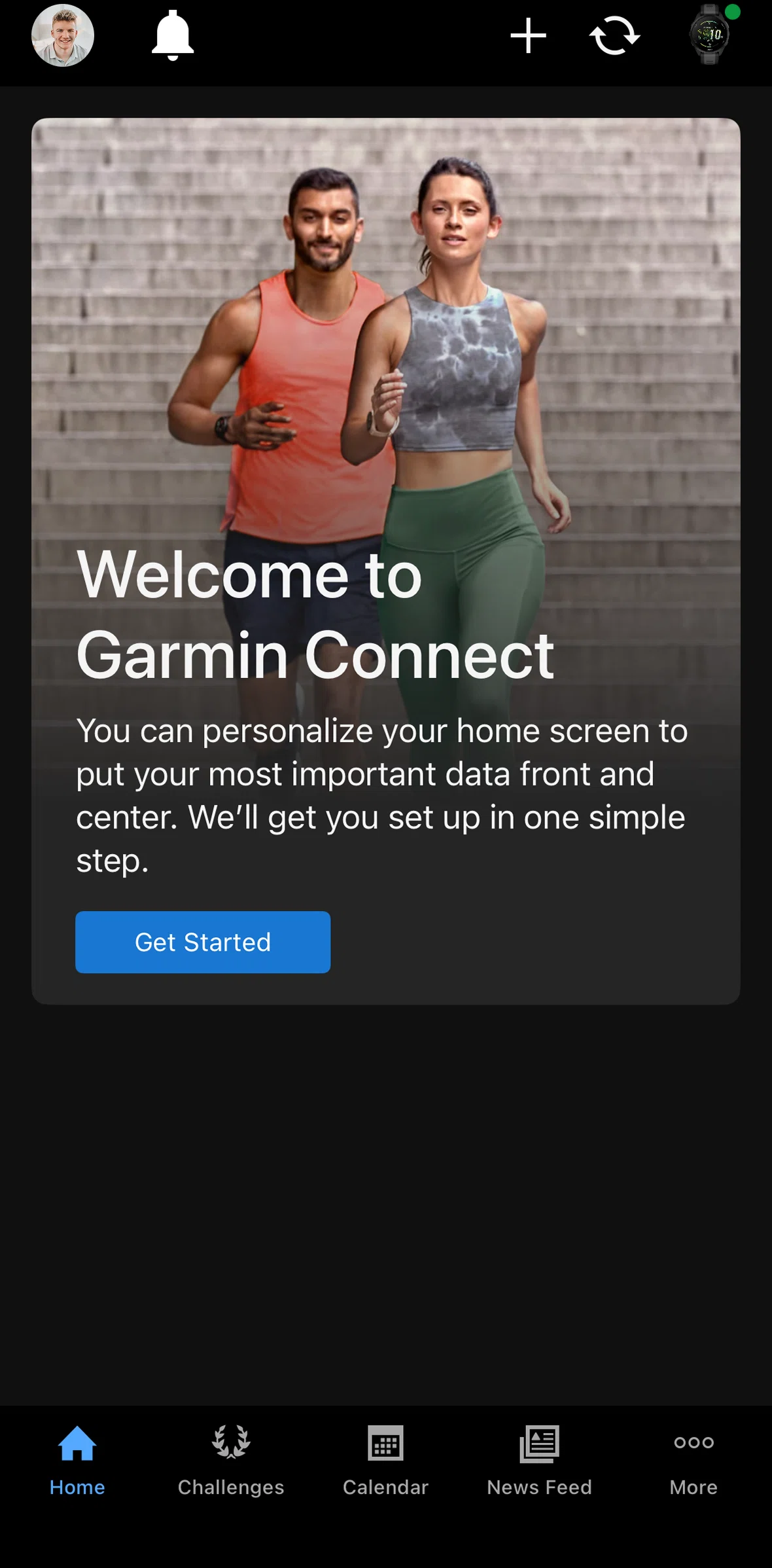 Garmin Connect Screen screen in the Home flow