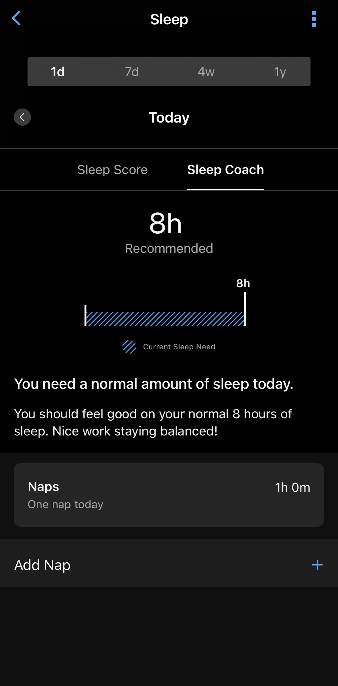 Garmin Connect Screen screen in the Logging a nap flow