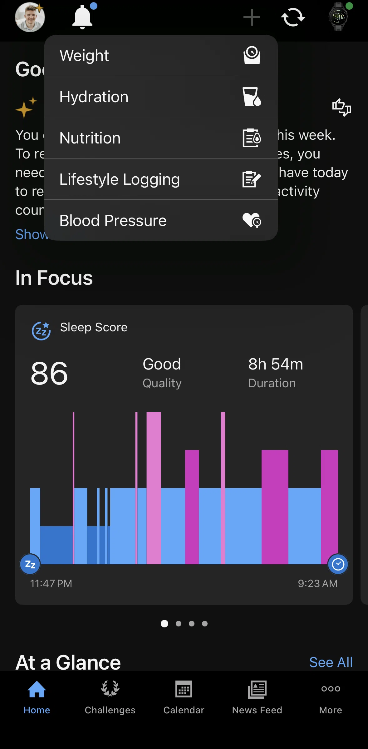 Garmin Connect Screen screen in the Logging hydration flow