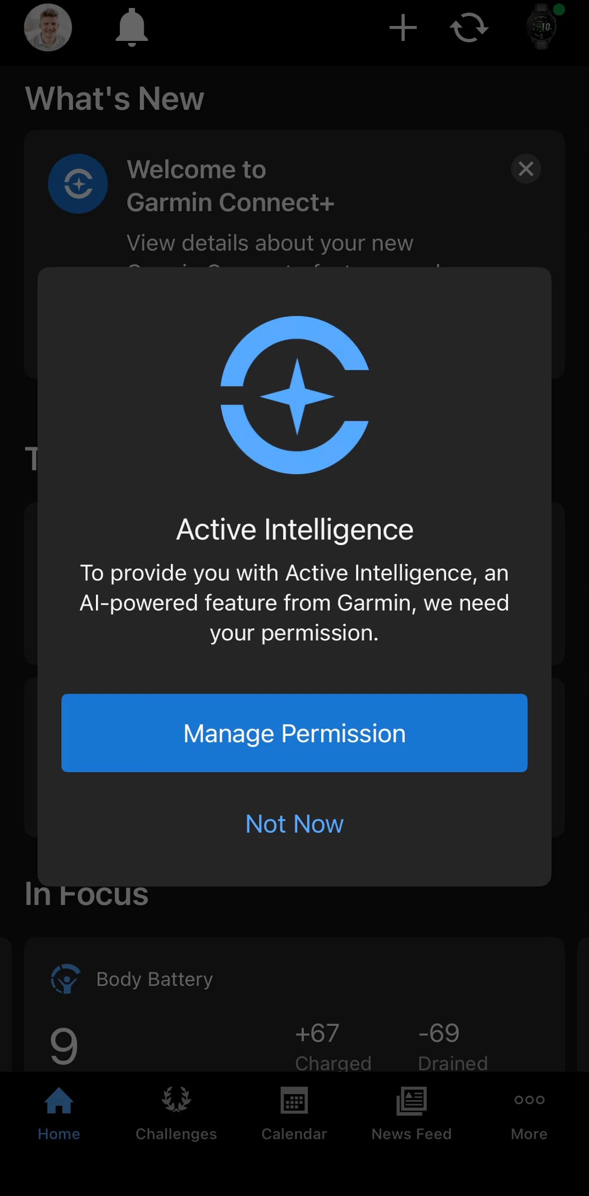 Garmin Connect Screen screen in the Managing Active Intelligence permission flow