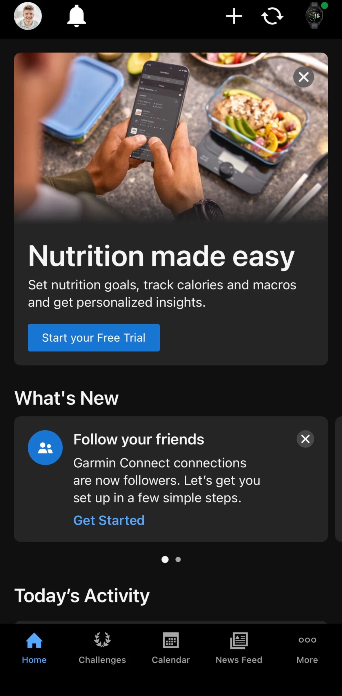 Garmin Connect Screen screen in the News feed flow