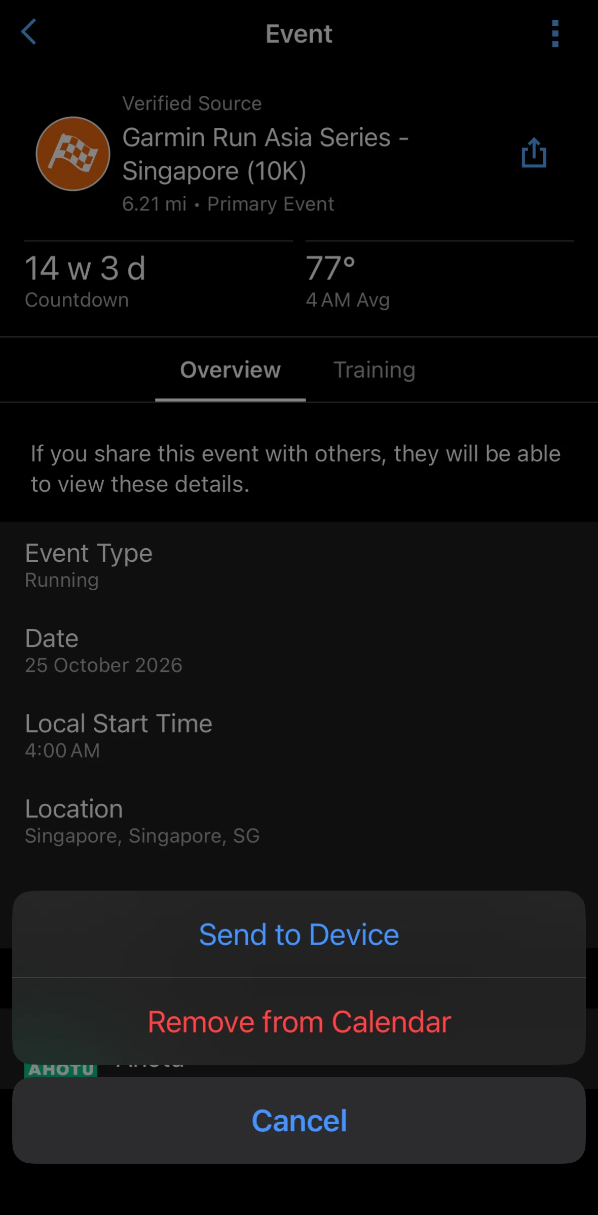 Garmin Connect Screen screen in the Removing an event flow