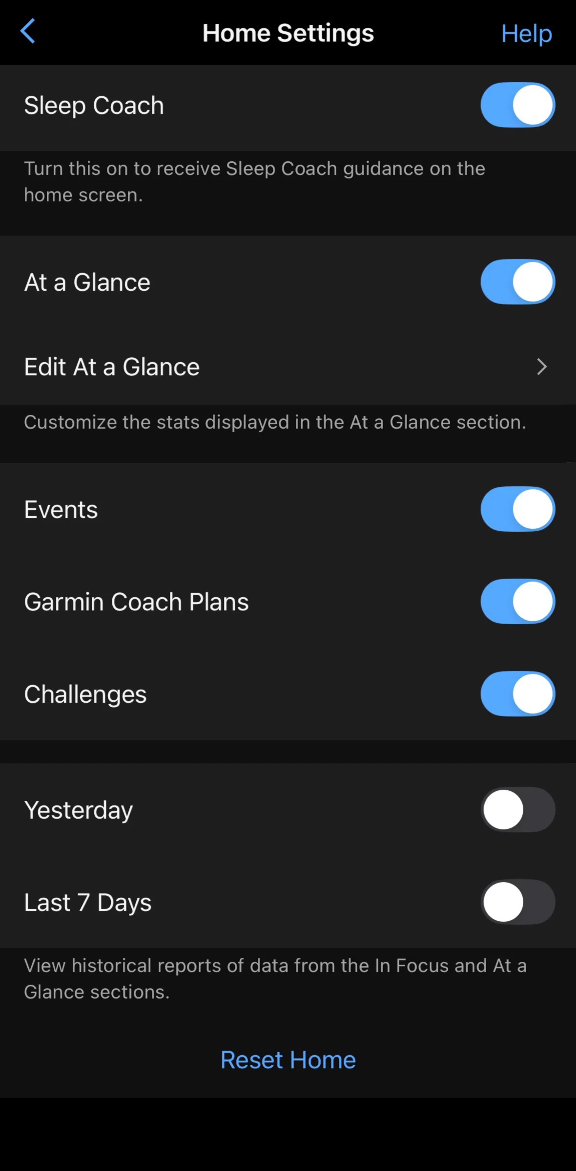 Garmin Connect Screen screen in the Resetting home flow
