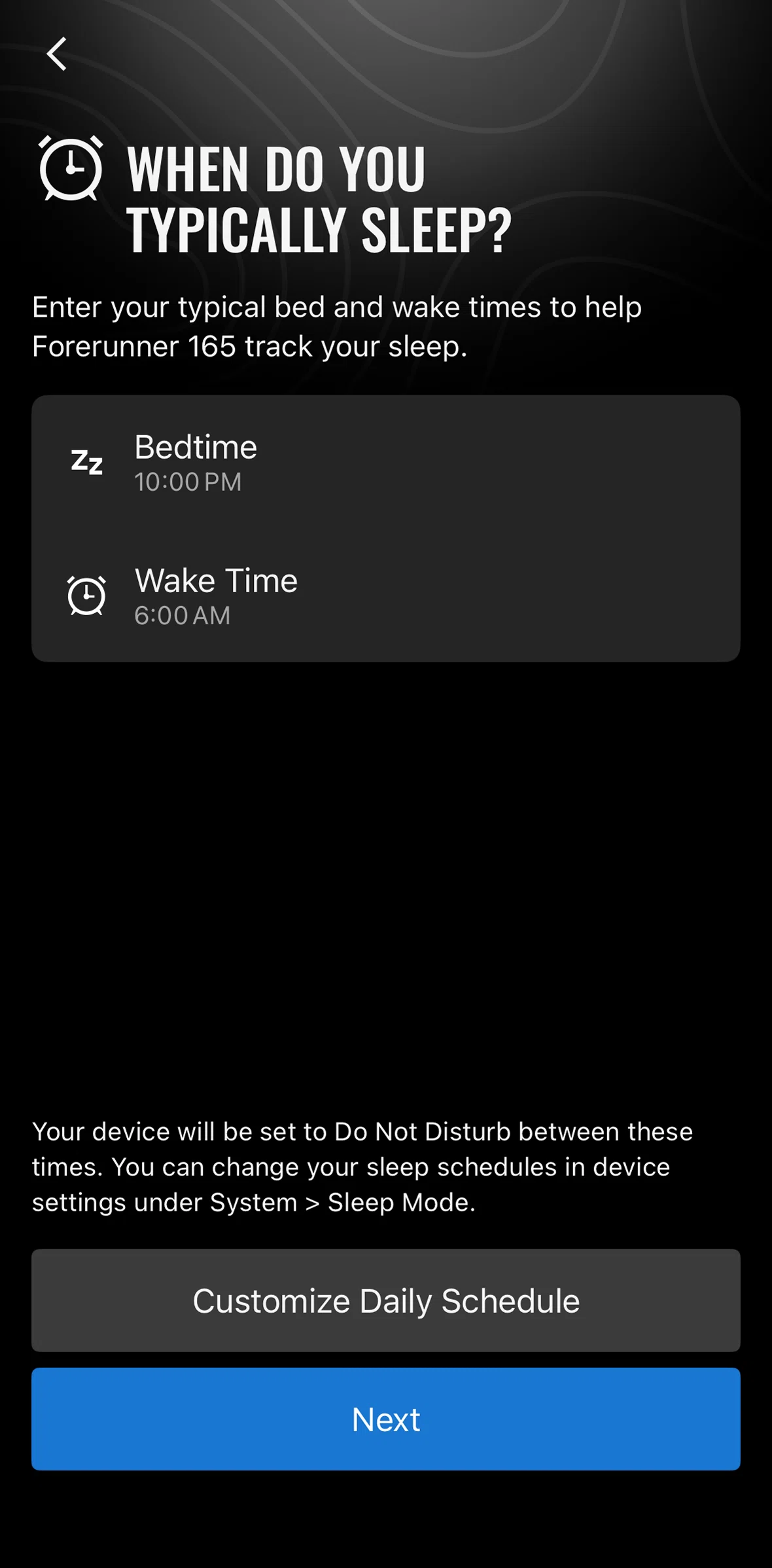 Garmin Connect Screen screen in the Setting up a sleep schedule flow
