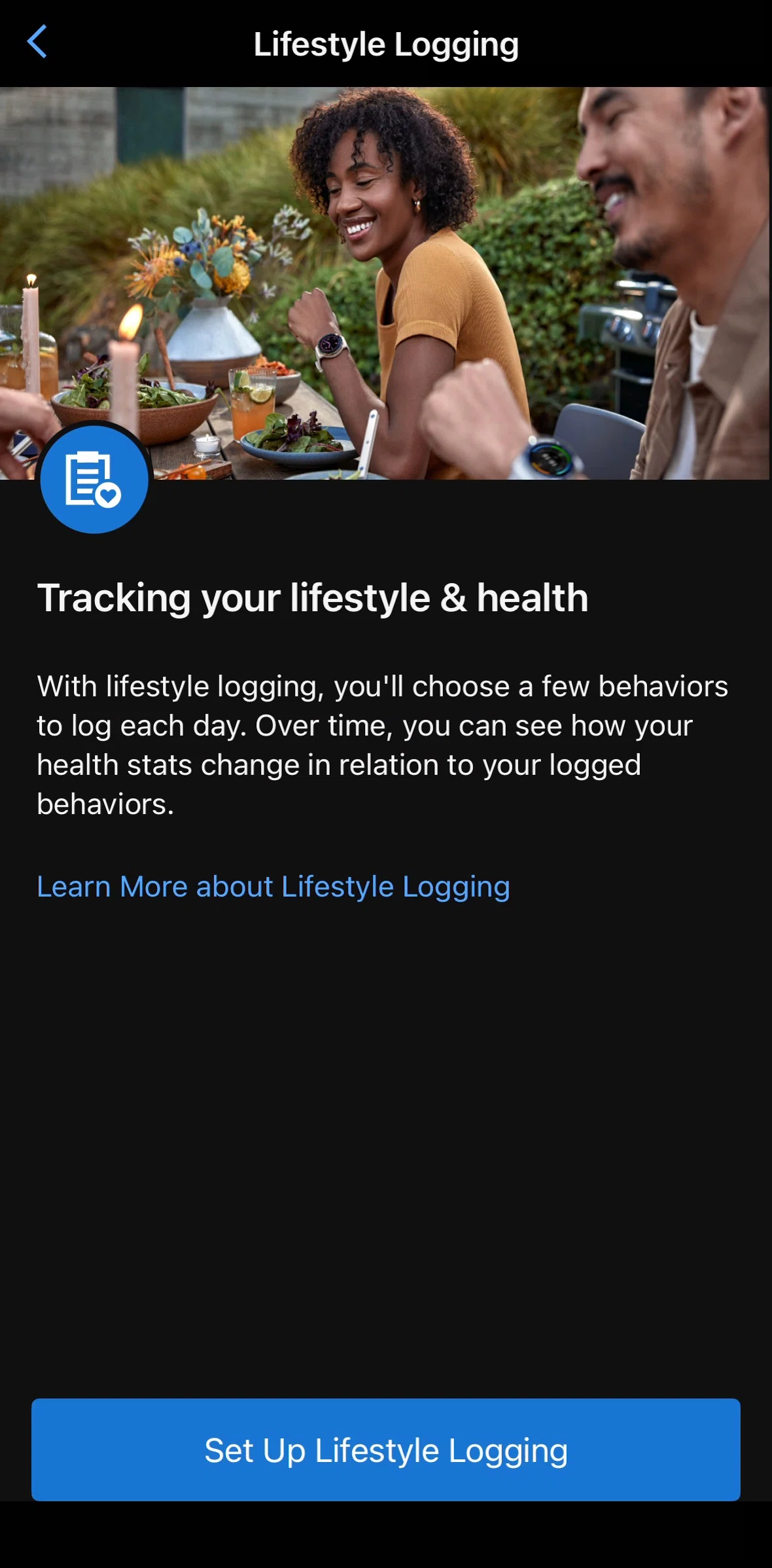 Garmin Connect Screen screen in the Setting up Lifestyle Logging flow
