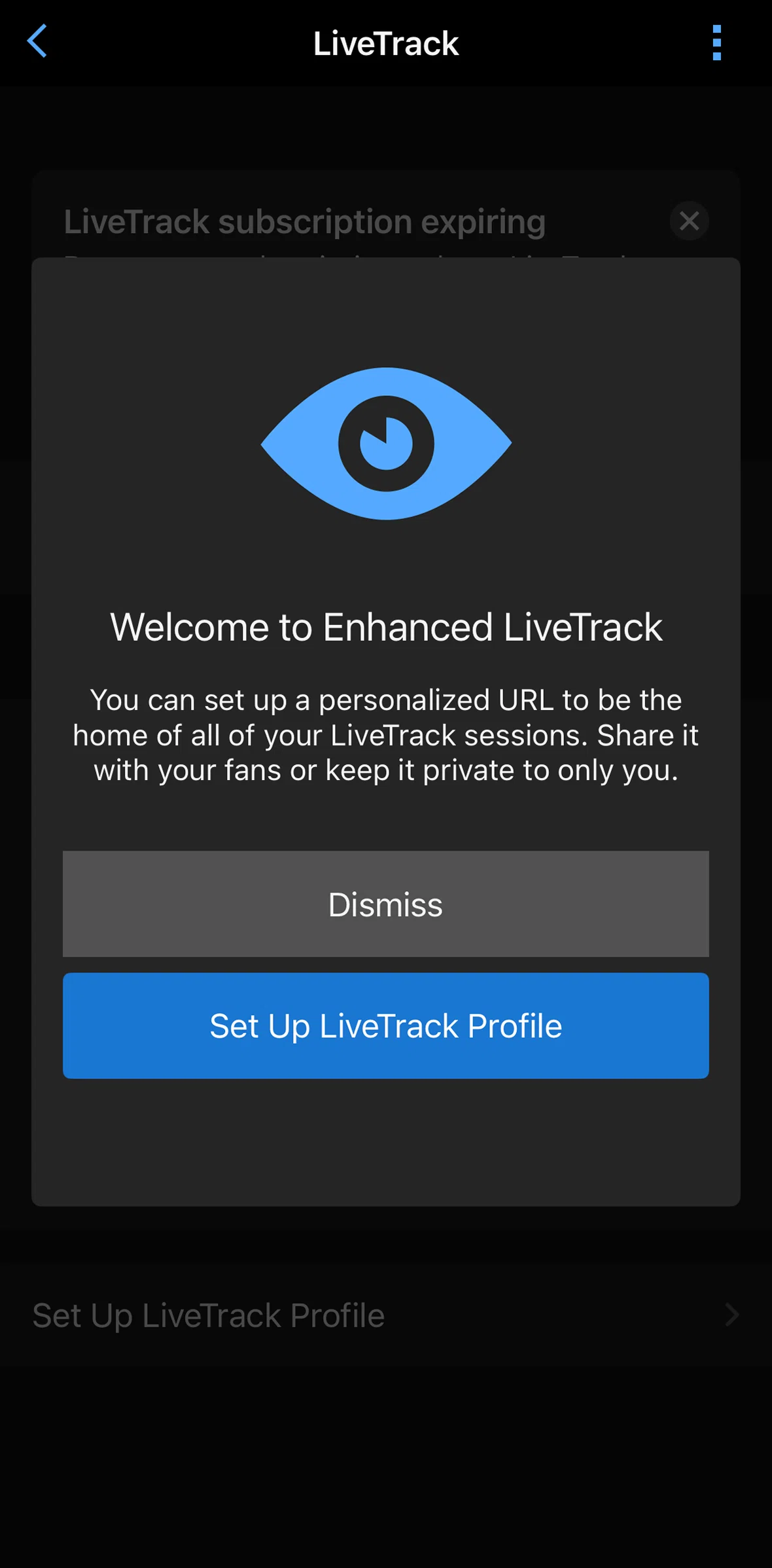 Garmin Connect Screen screen in the Setting up LiveTrack profile flow