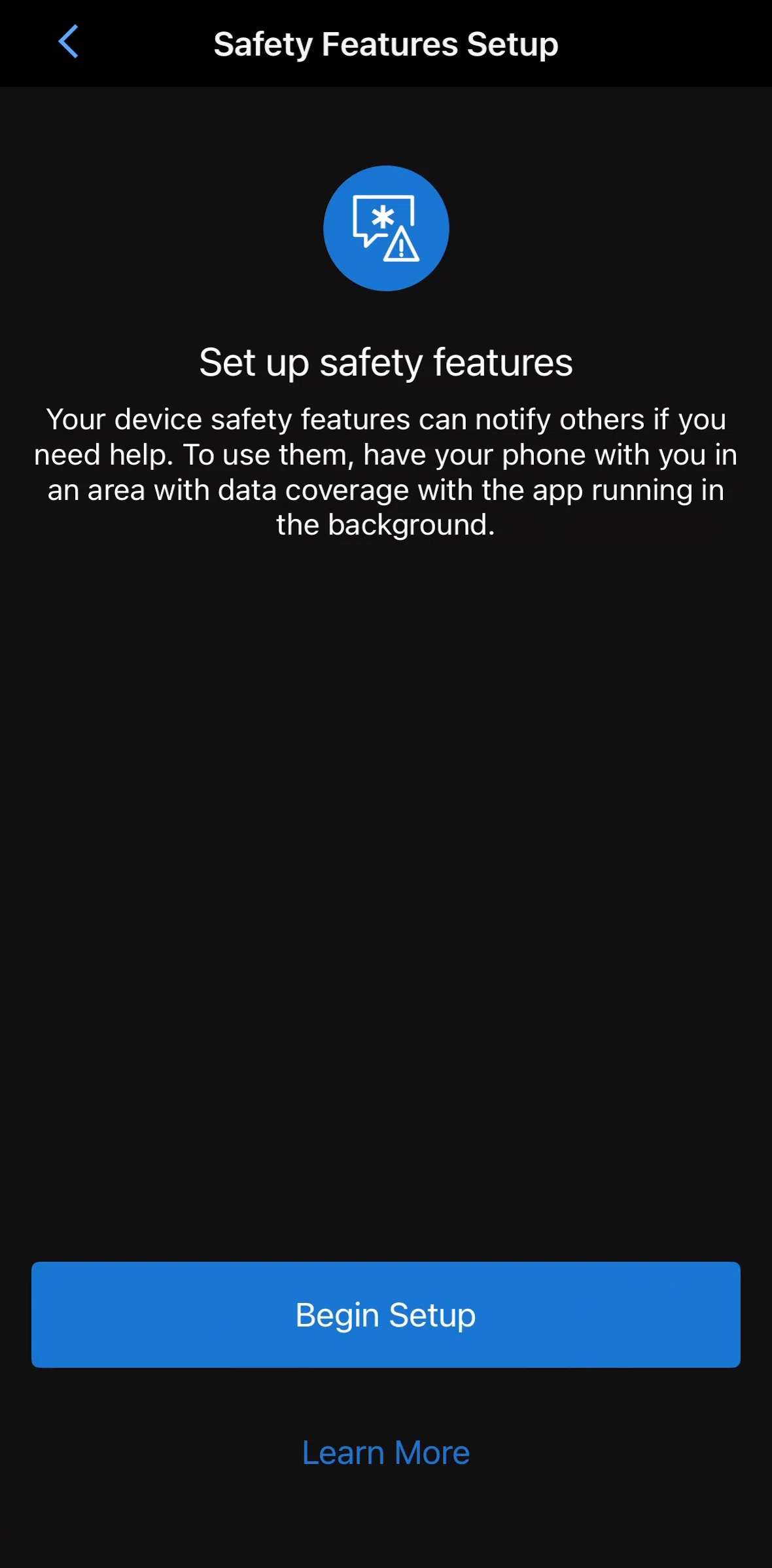 Garmin Connect Screen screen in the Setting up Safety Features flow