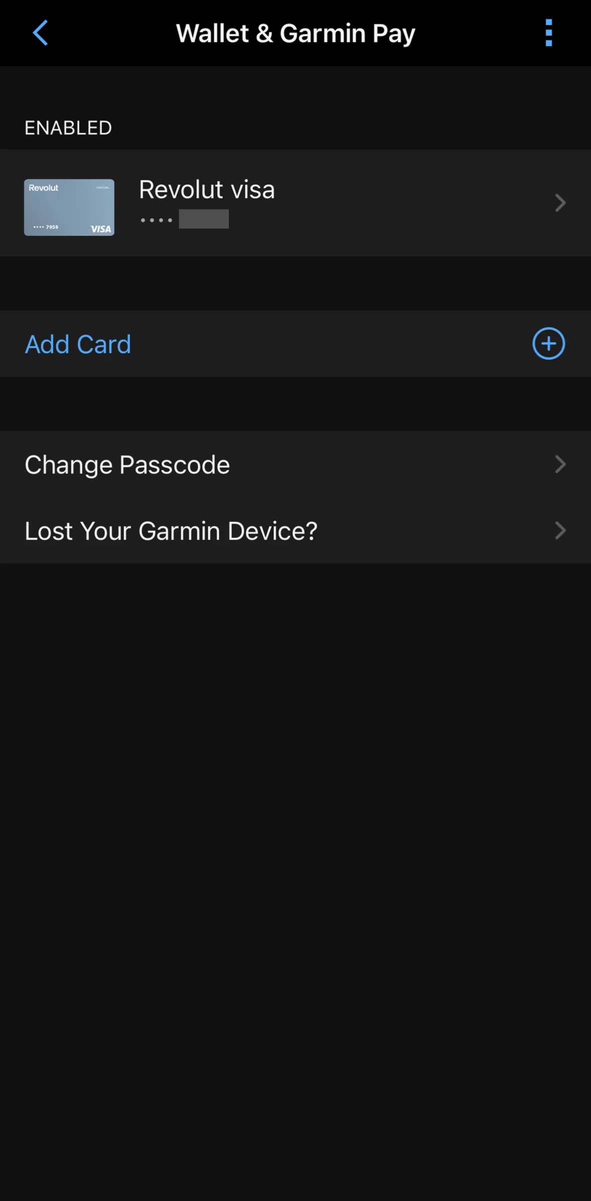Garmin Connect Screen screen in the Suspending a card flow