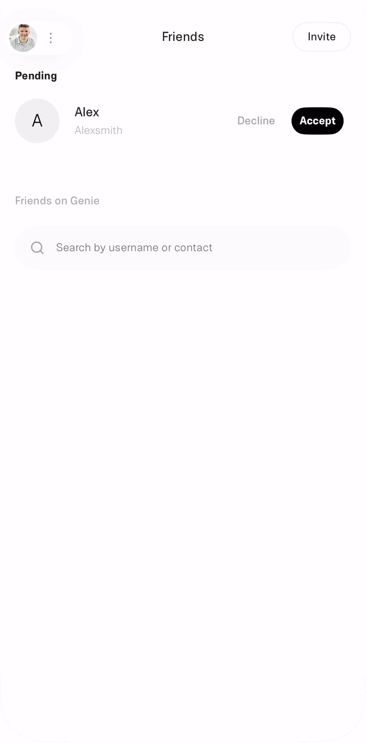 Genie Screen screen in the Accepting a friend request flow